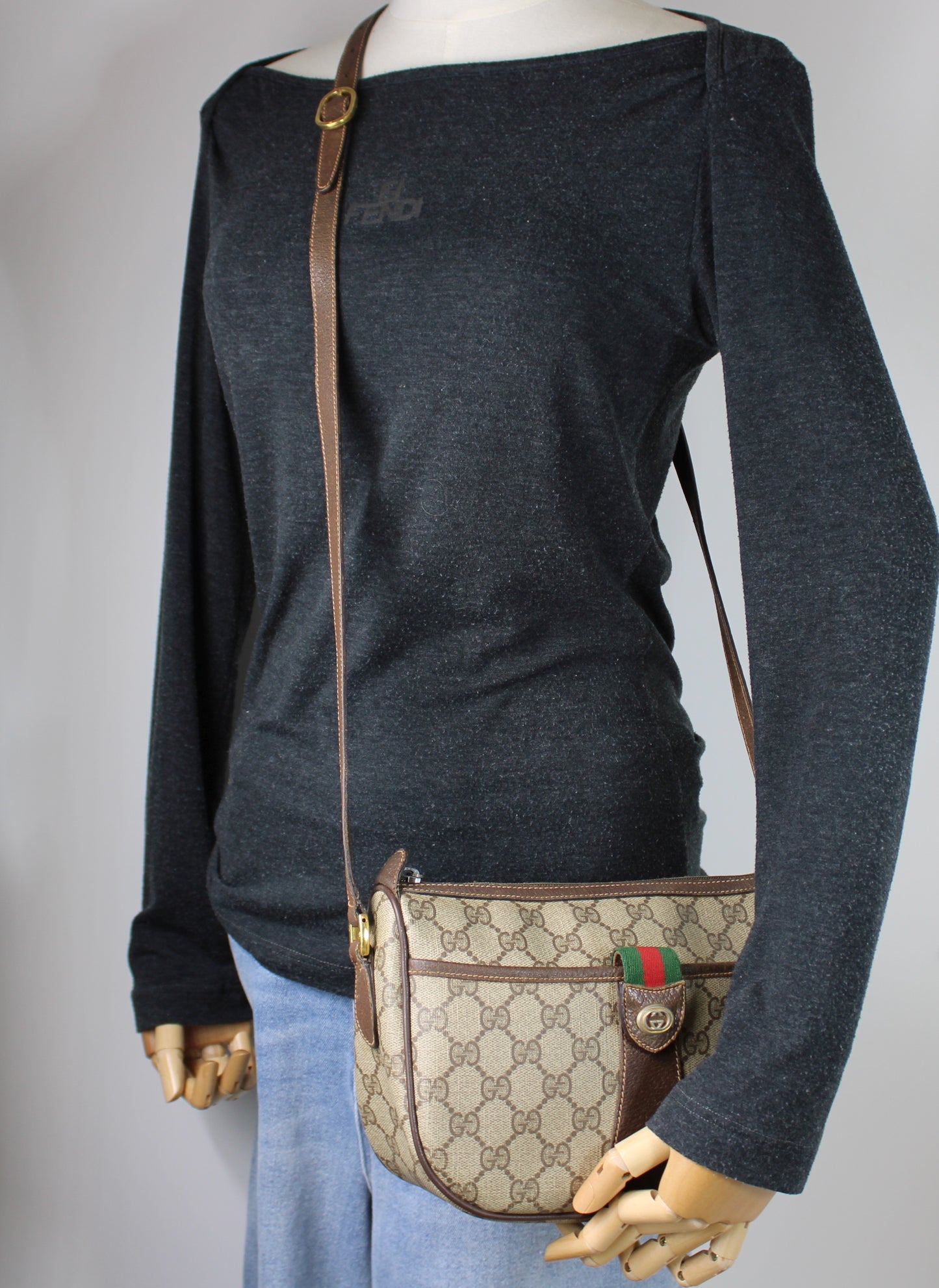 Gucci Beige Brown GG Supreme Ophidia Crossbody Bag Leather Trim