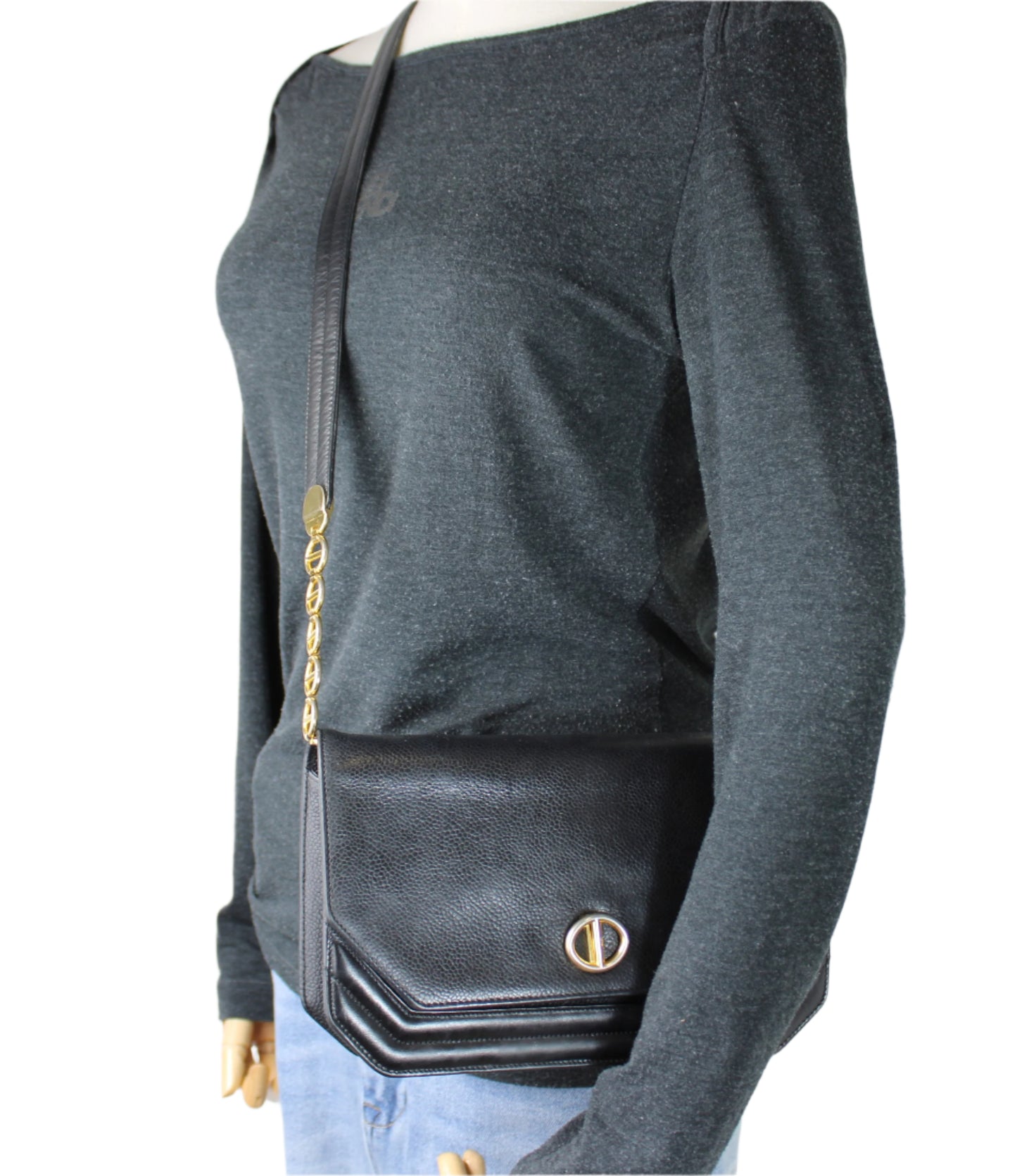 Christian Dior Black Leather Crossbody Bag Gold Logo Chain