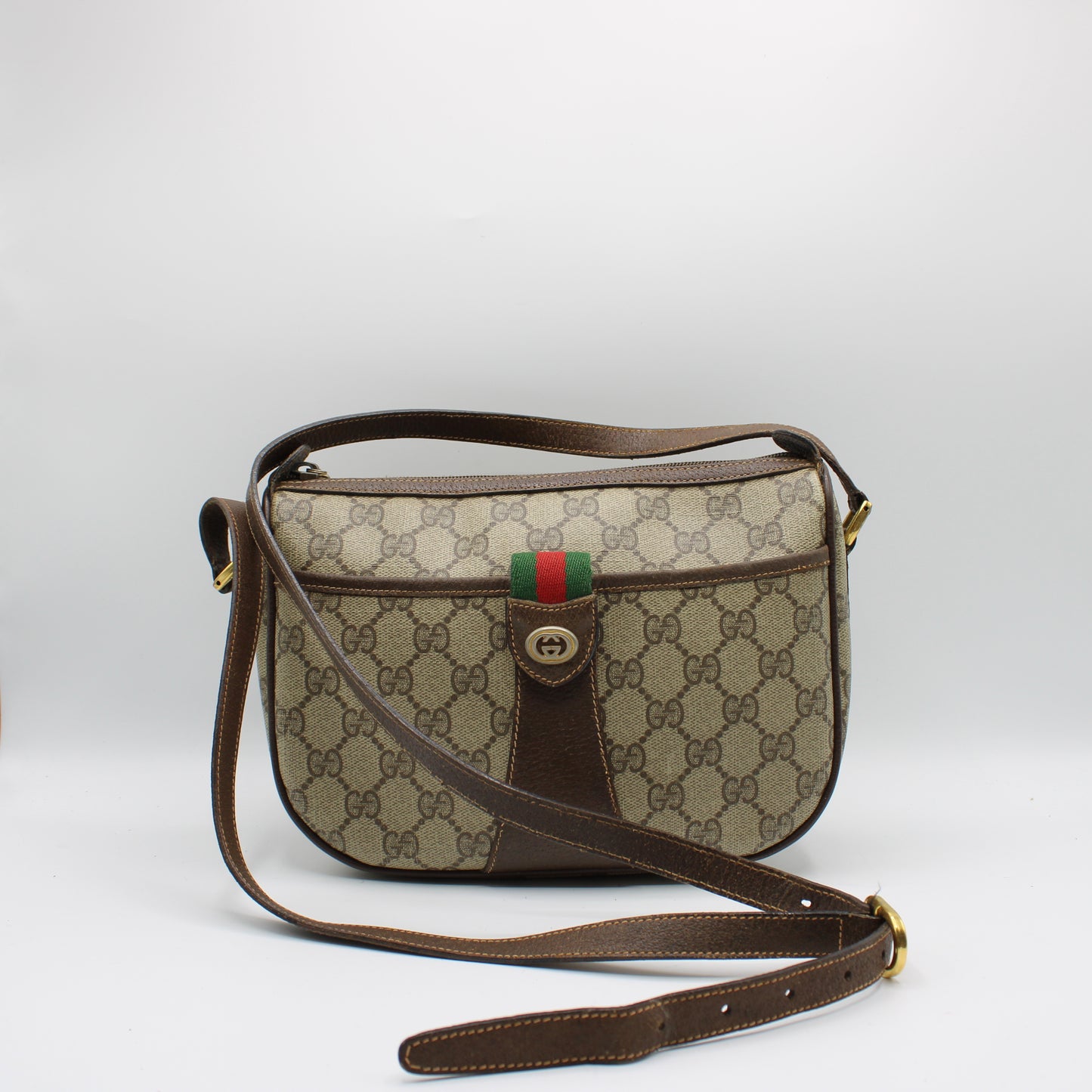 Gucci Beige Brown GG Supreme Ophidia Crossbody Bag Leather Trim
