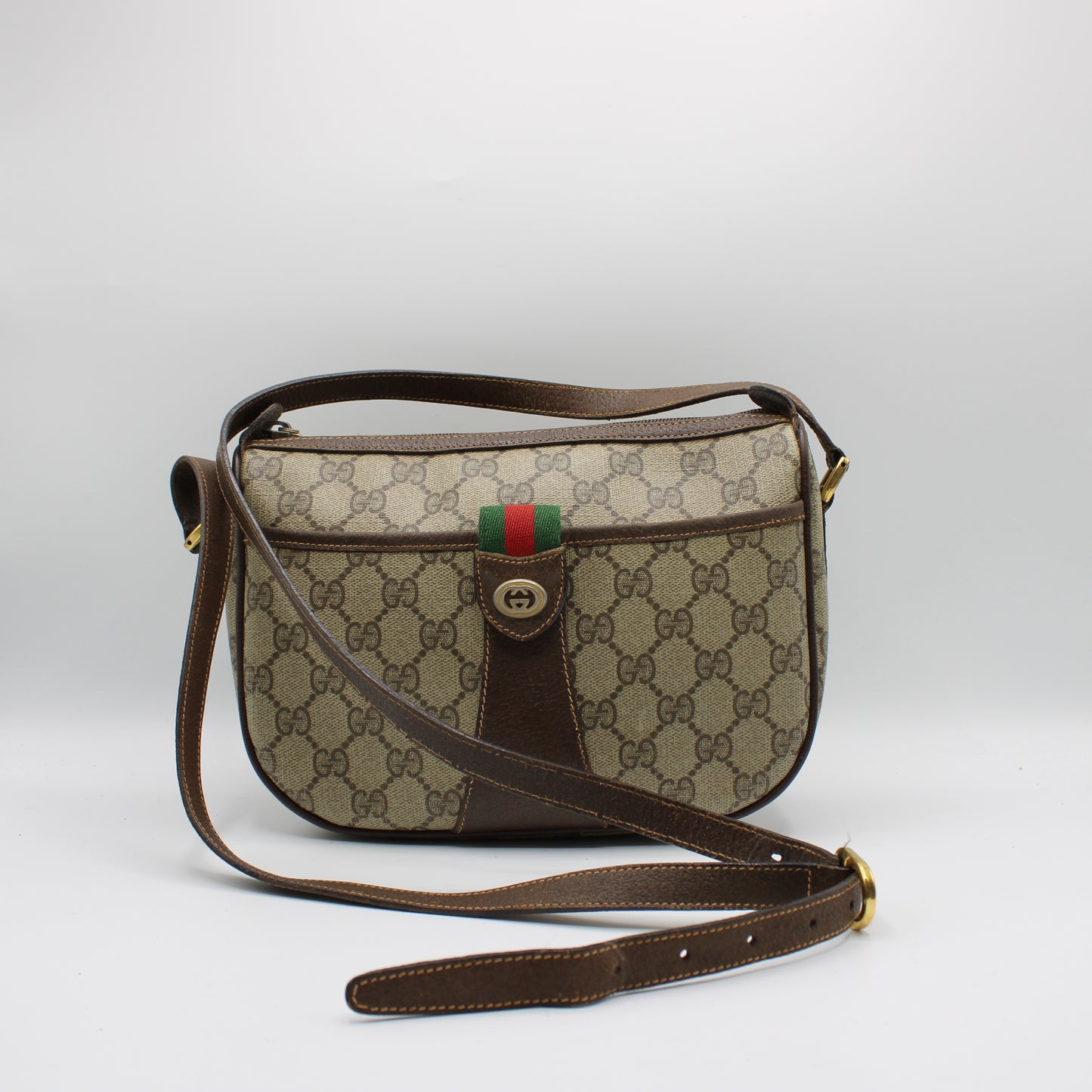 Gucci Beige Brown GG Supreme Ophidia Crossbody Bag Leather Trim