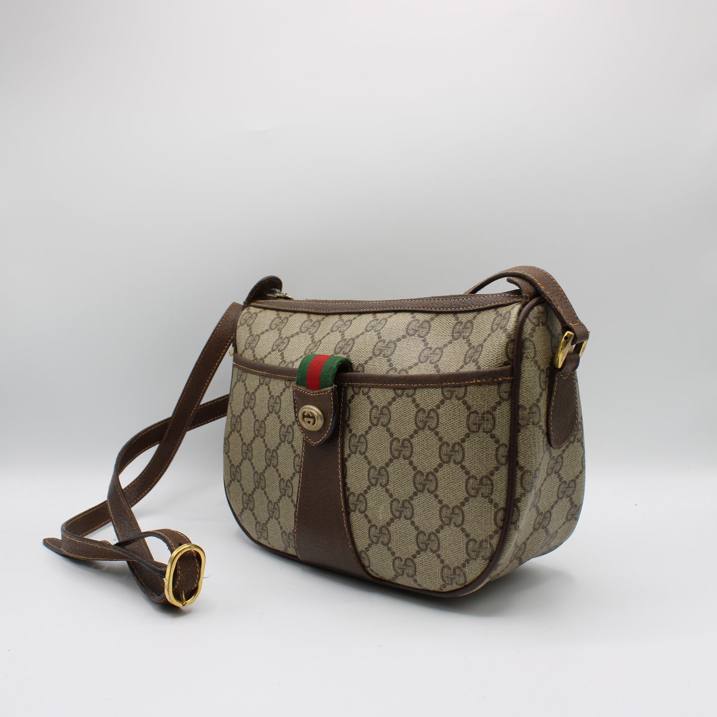 Gucci Beige Brown GG Supreme Ophidia Crossbody Bag Leather Trim