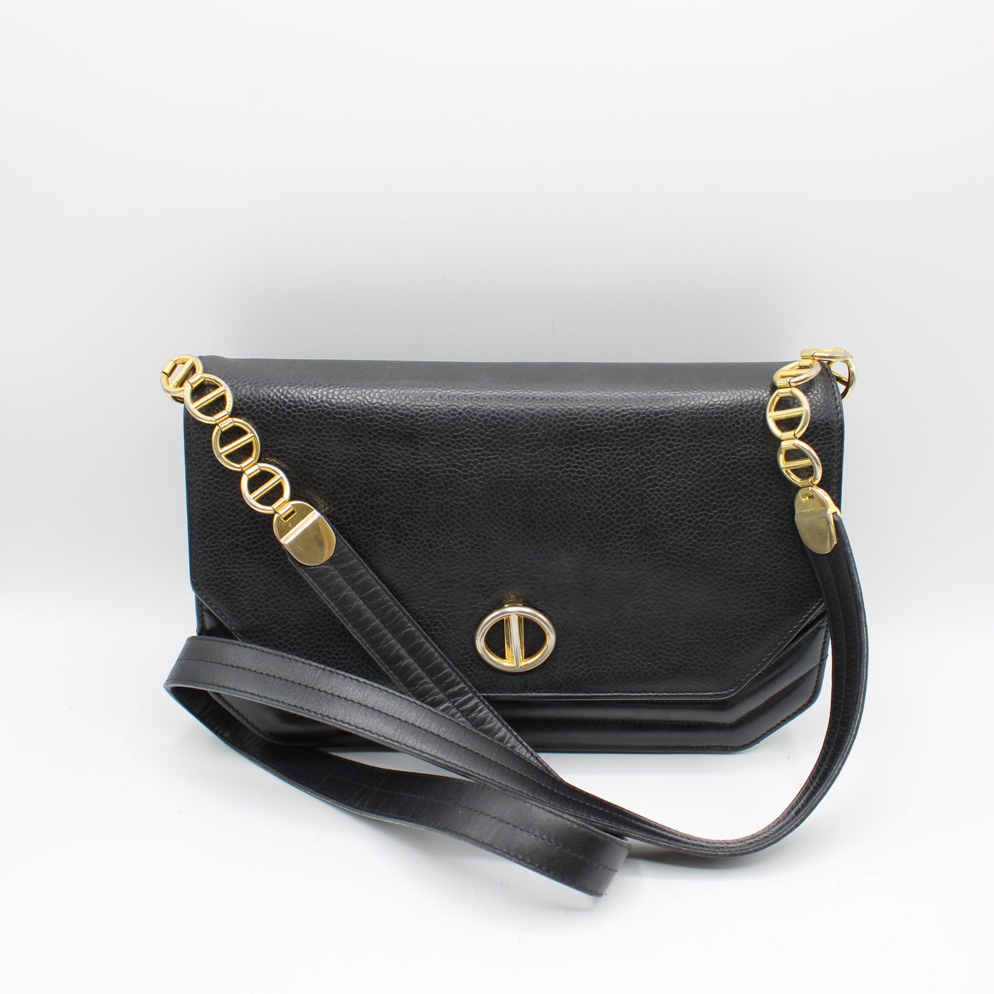 Christian Dior Black Leather Crossbody Bag Gold Logo Chain