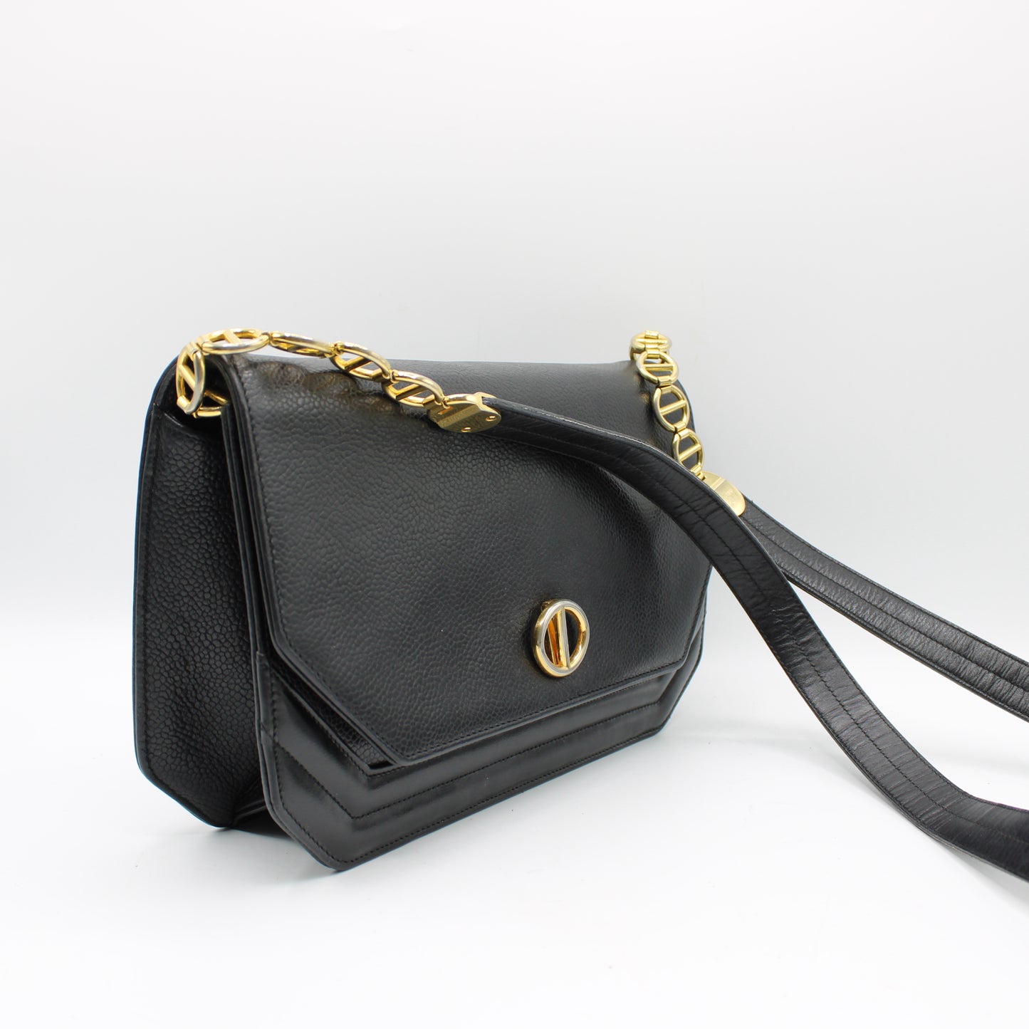 Christian Dior Black Leather Crossbody Bag Gold Logo Chain
