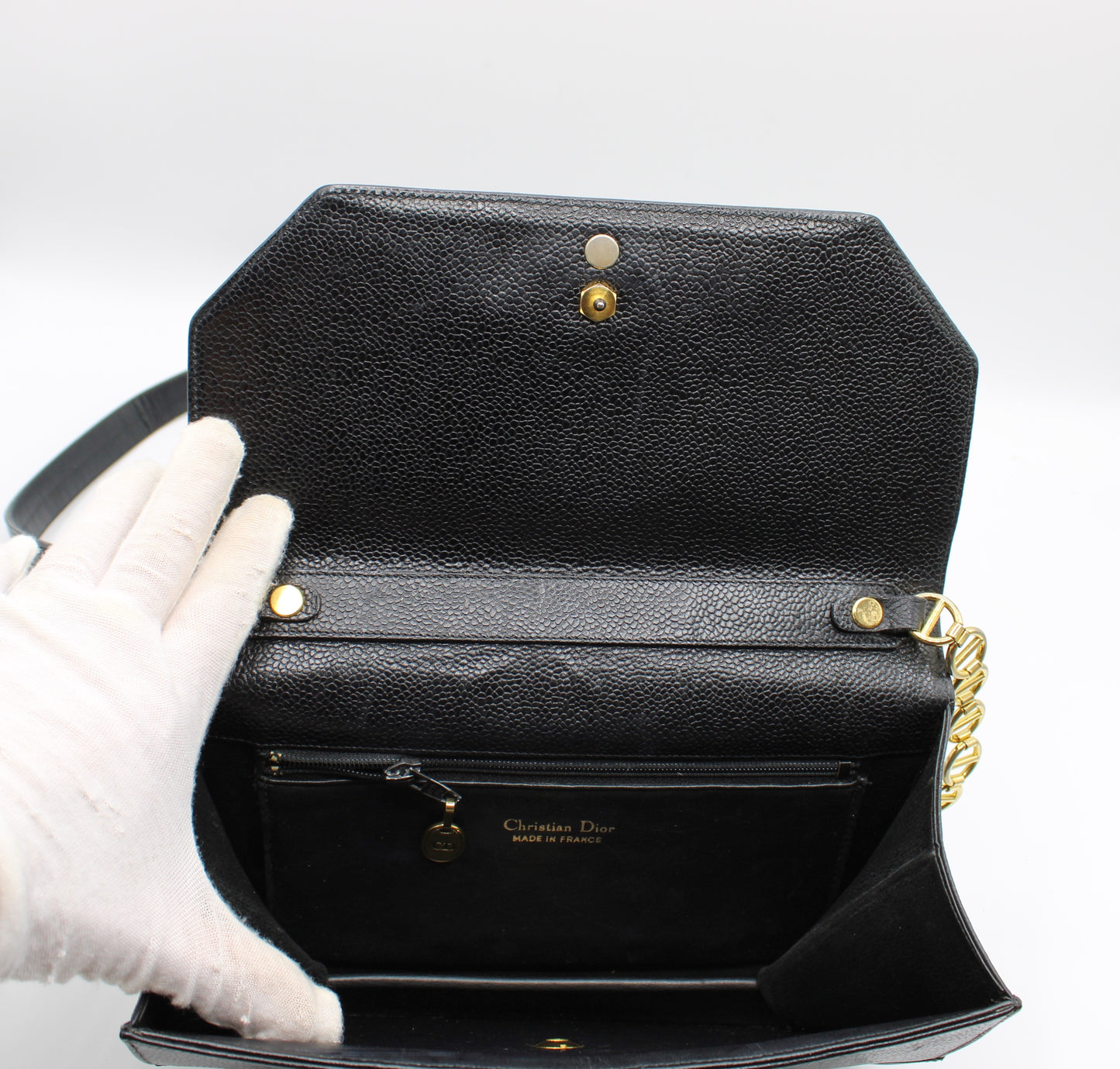 Christian Dior Black Leather Crossbody Bag Gold Logo Chain