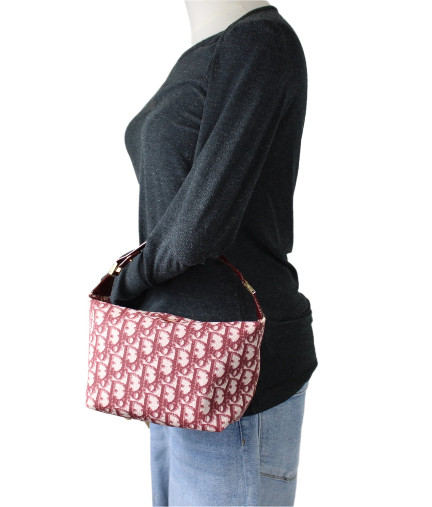 Christian Dior Burgundy Oblique CD Canvas Top Handle Pouch Bag