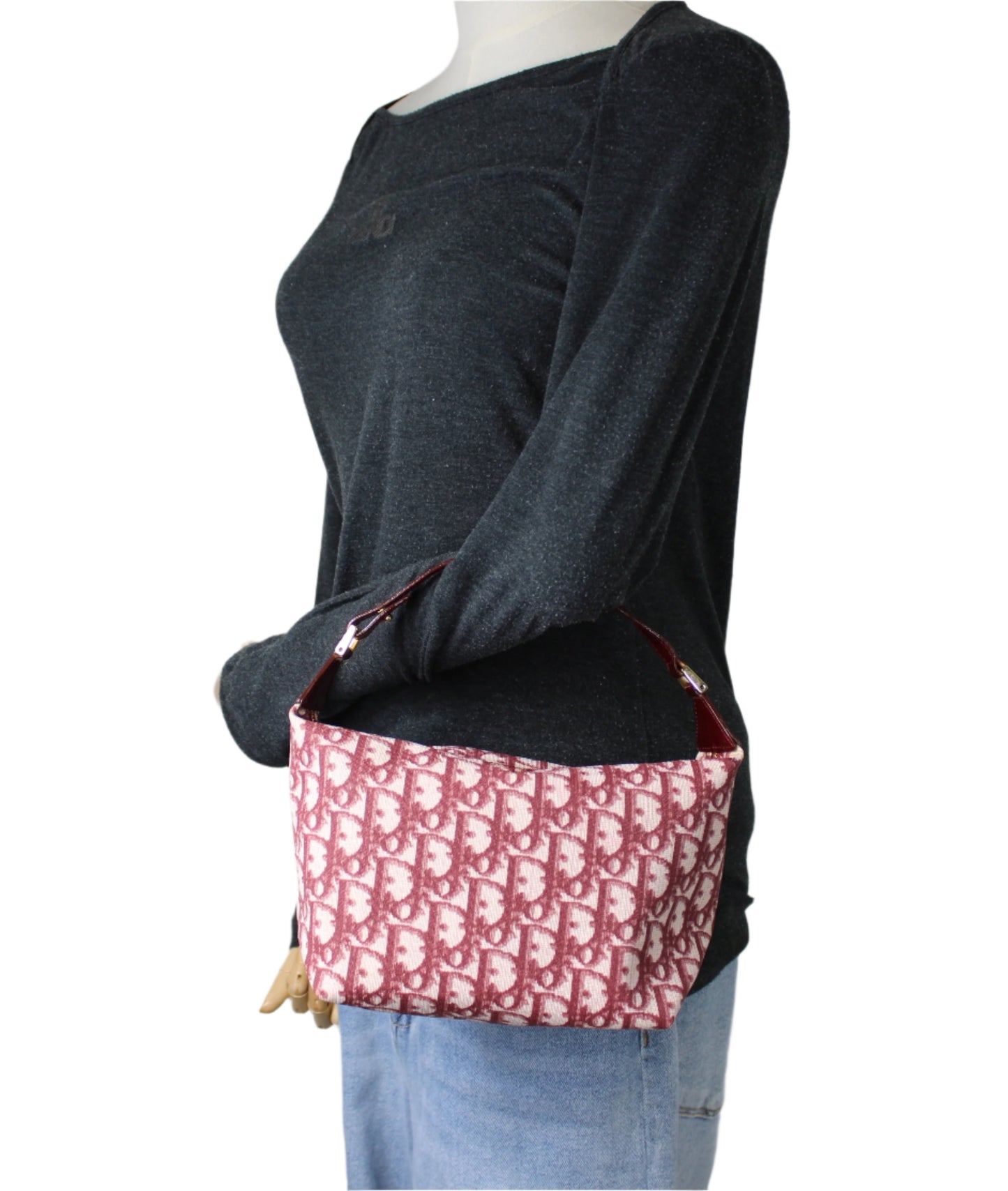 Christian Dior Burgundy Oblique CD Canvas Top Handle Pouch Bag
