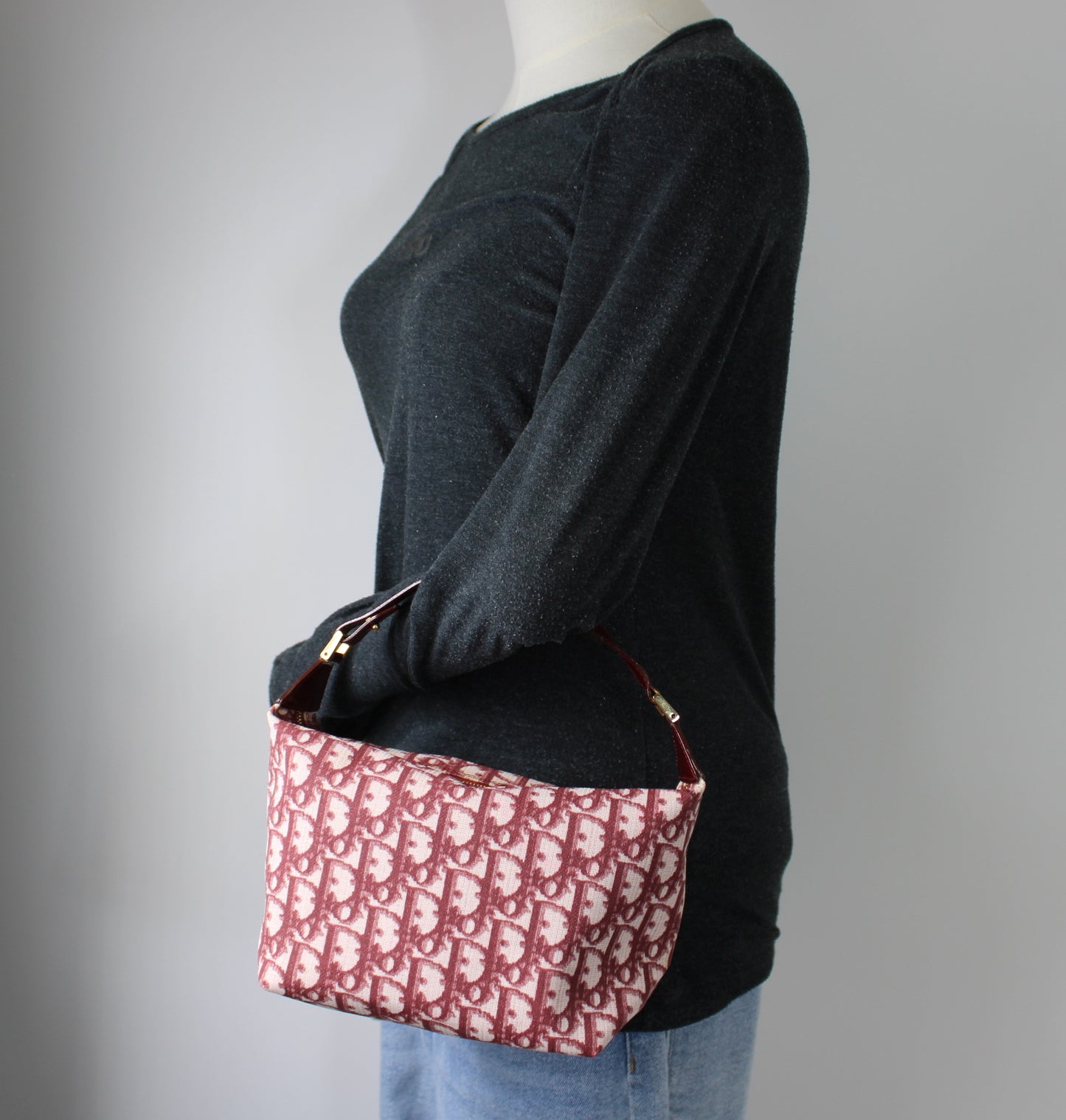 Christian Dior Burgundy Oblique CD Canvas Top Handle Pouch Bag