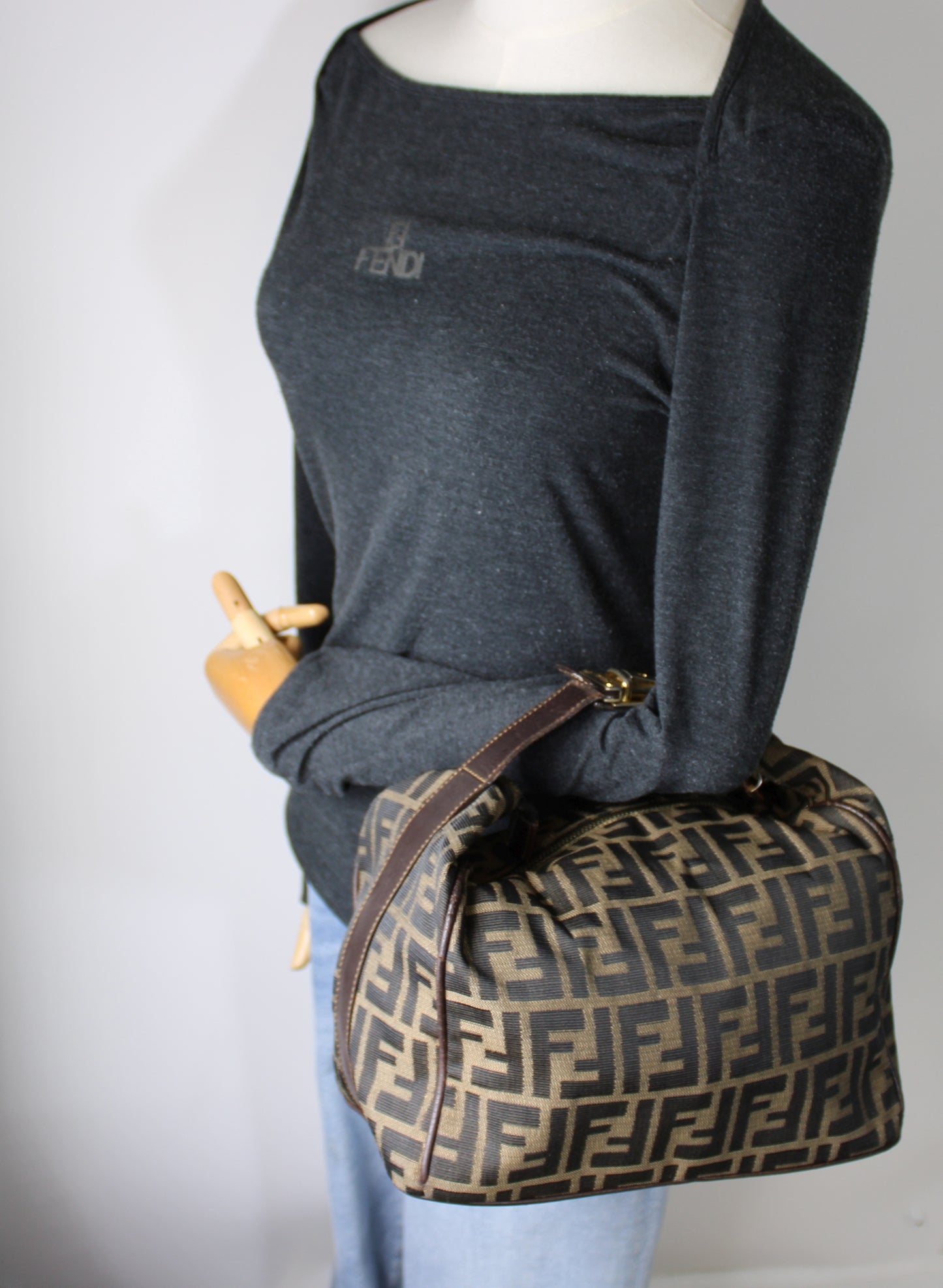 Fendi Brown Canvas Zucca Print Leather Trim Handbag Pouch