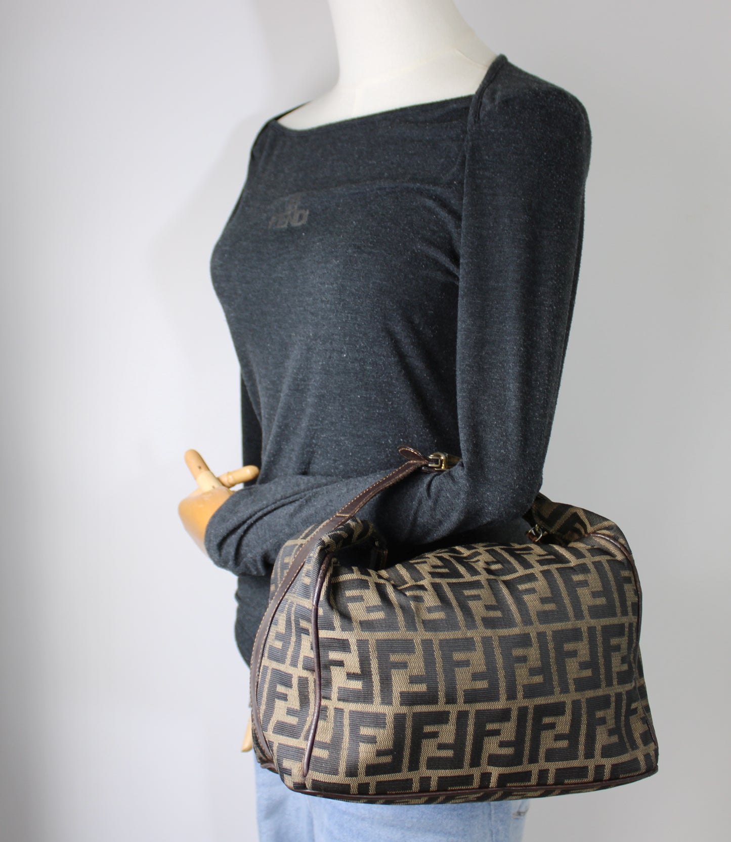 Fendi Brown Canvas Zucca Print Leather Trim Handbag Pouch