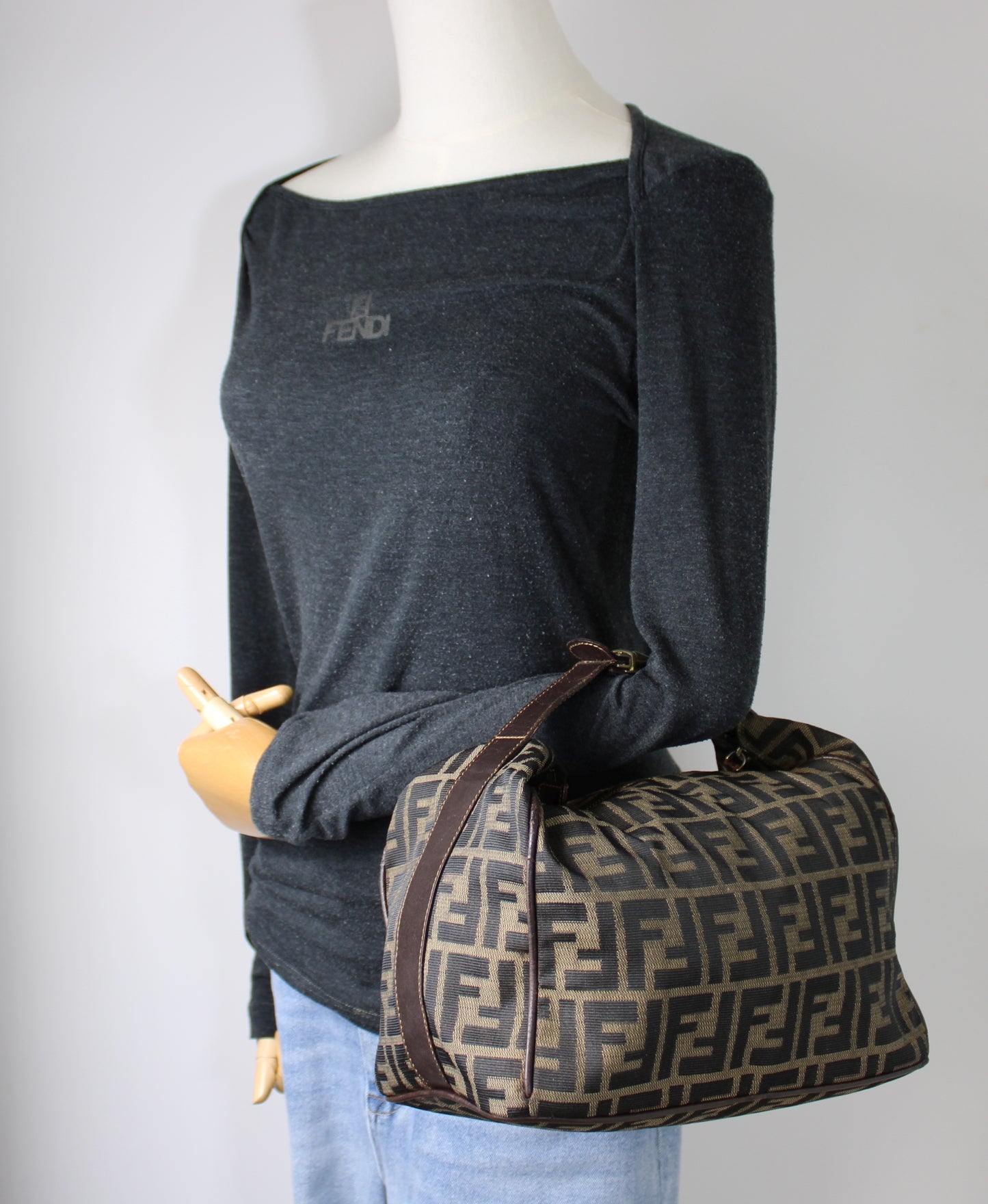 Fendi Brown Canvas Zucca Print Leather Trim Handbag Pouch