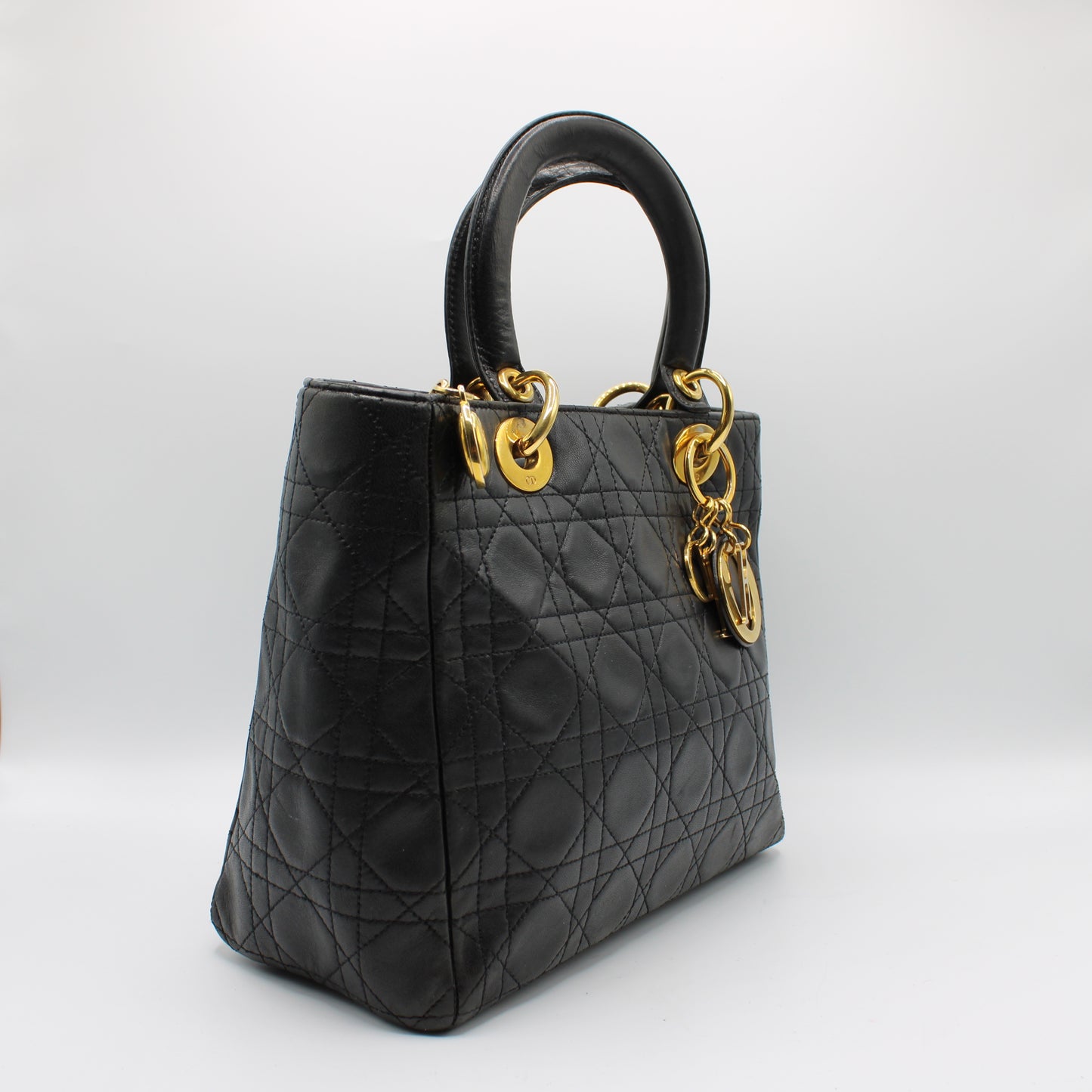Christian Dior Black Cannage Quilted Lambskin Medium Lady Dior Bag