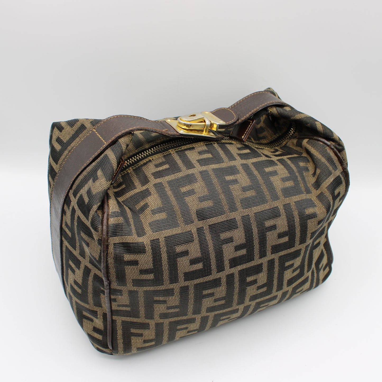 Fendi Brown Canvas Zucca Print Leather Trim Handbag Pouch