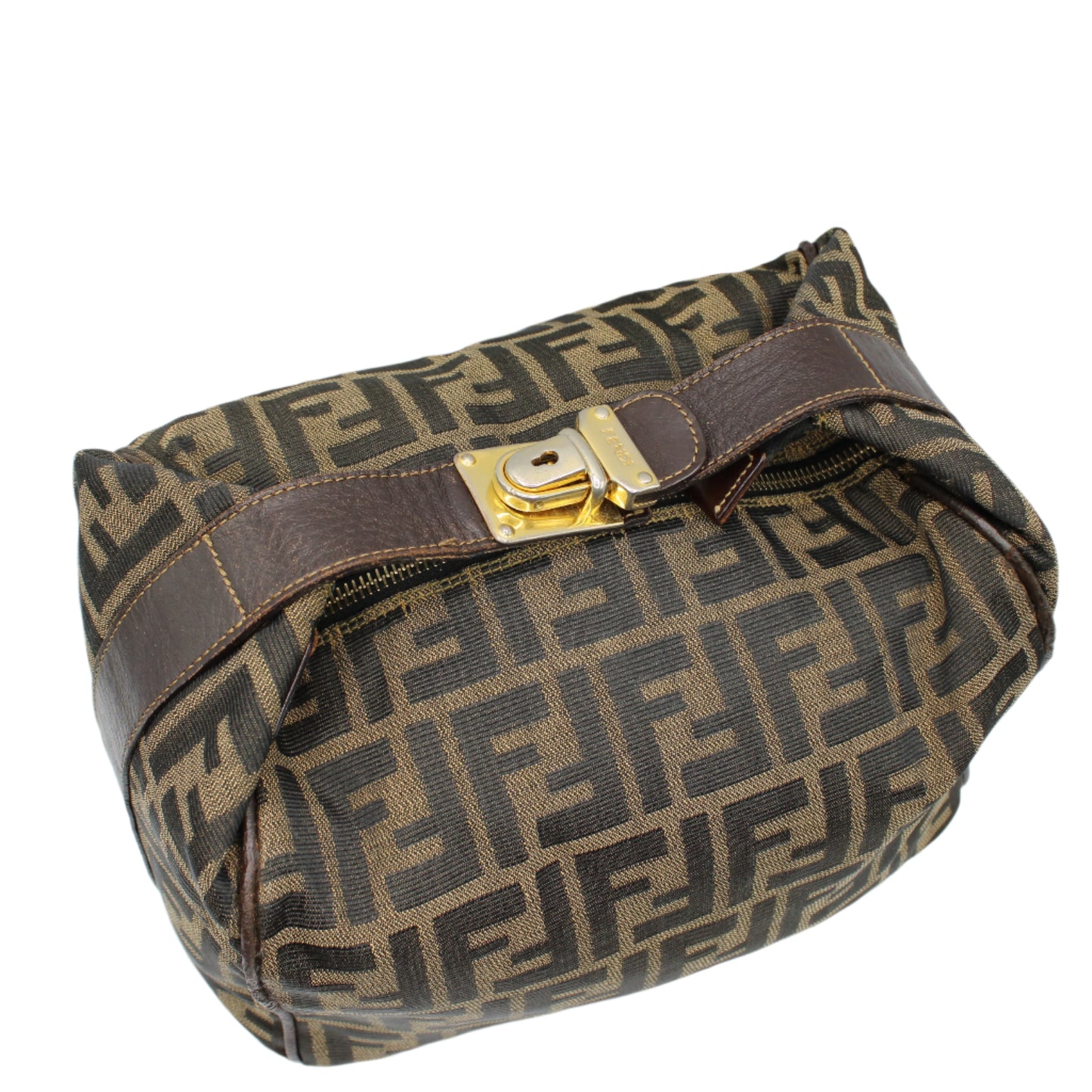 Fendi Brown Canvas Zucca Print Leather Trim Handbag Pouch