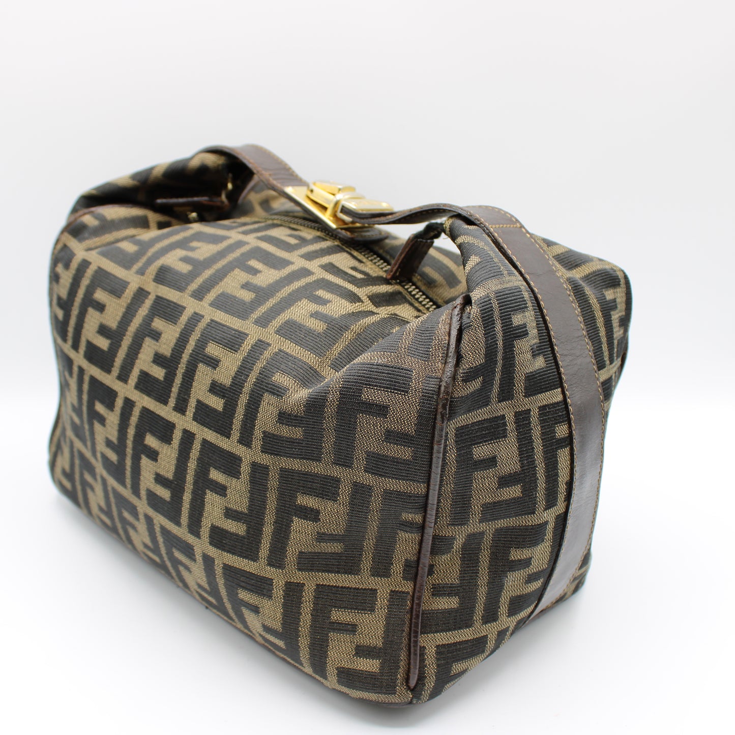 Fendi Brown Canvas Zucca Print Leather Trim Handbag Pouch