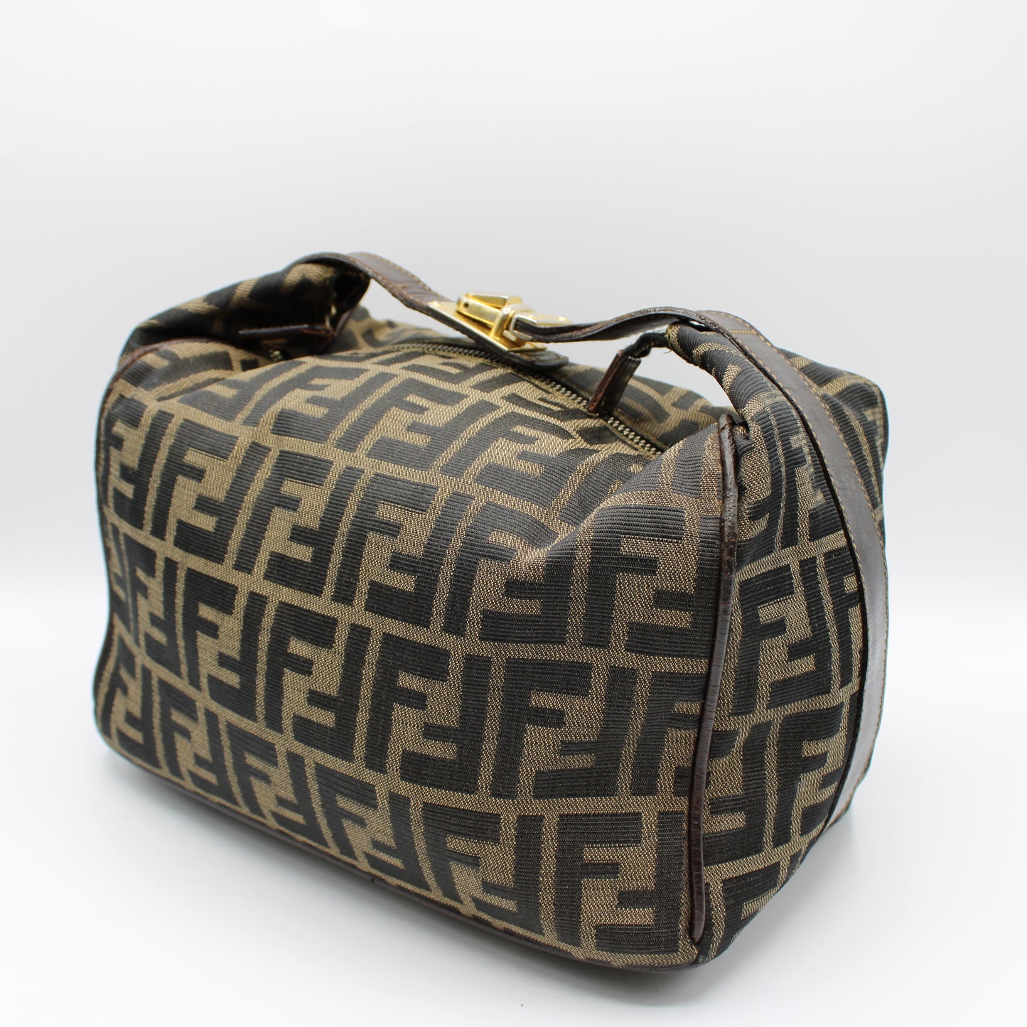 Fendi Brown Canvas Zucca Print Leather Trim Handbag Pouch
