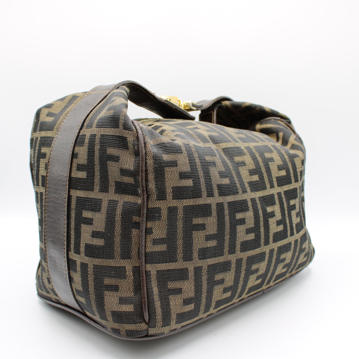 Fendi Brown Canvas Zucca Print Leather Trim Handbag Pouch