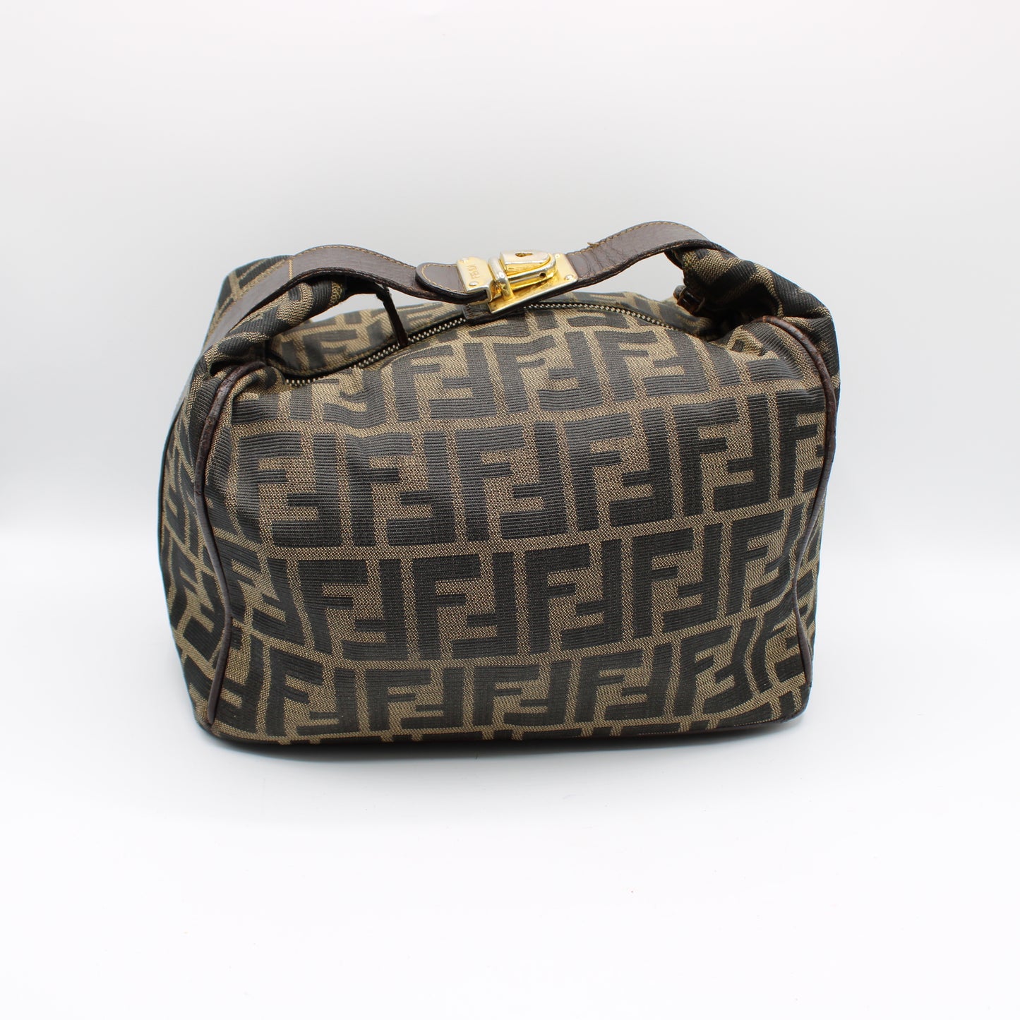 Fendi Brown Canvas Zucca Print Leather Trim Handbag Pouch