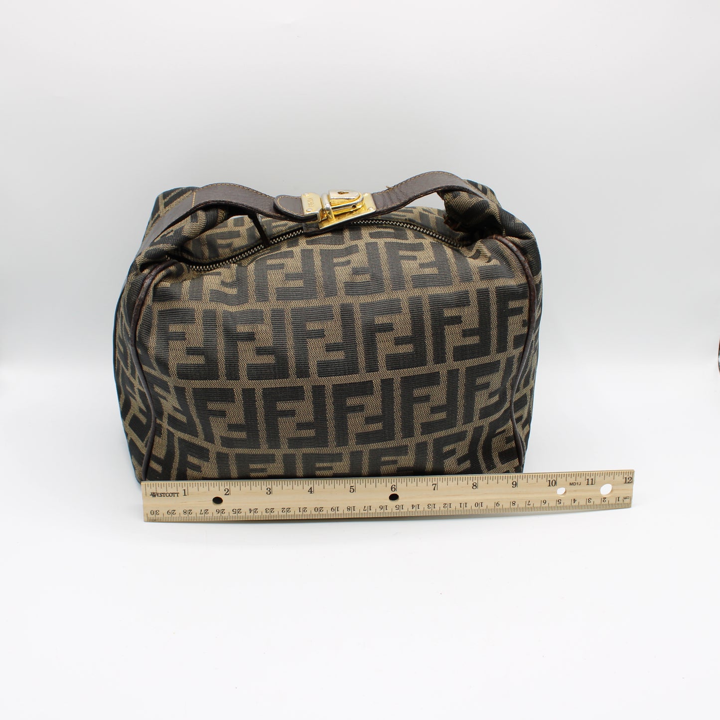 Fendi Brown Canvas Zucca Print Leather Trim Handbag Pouch