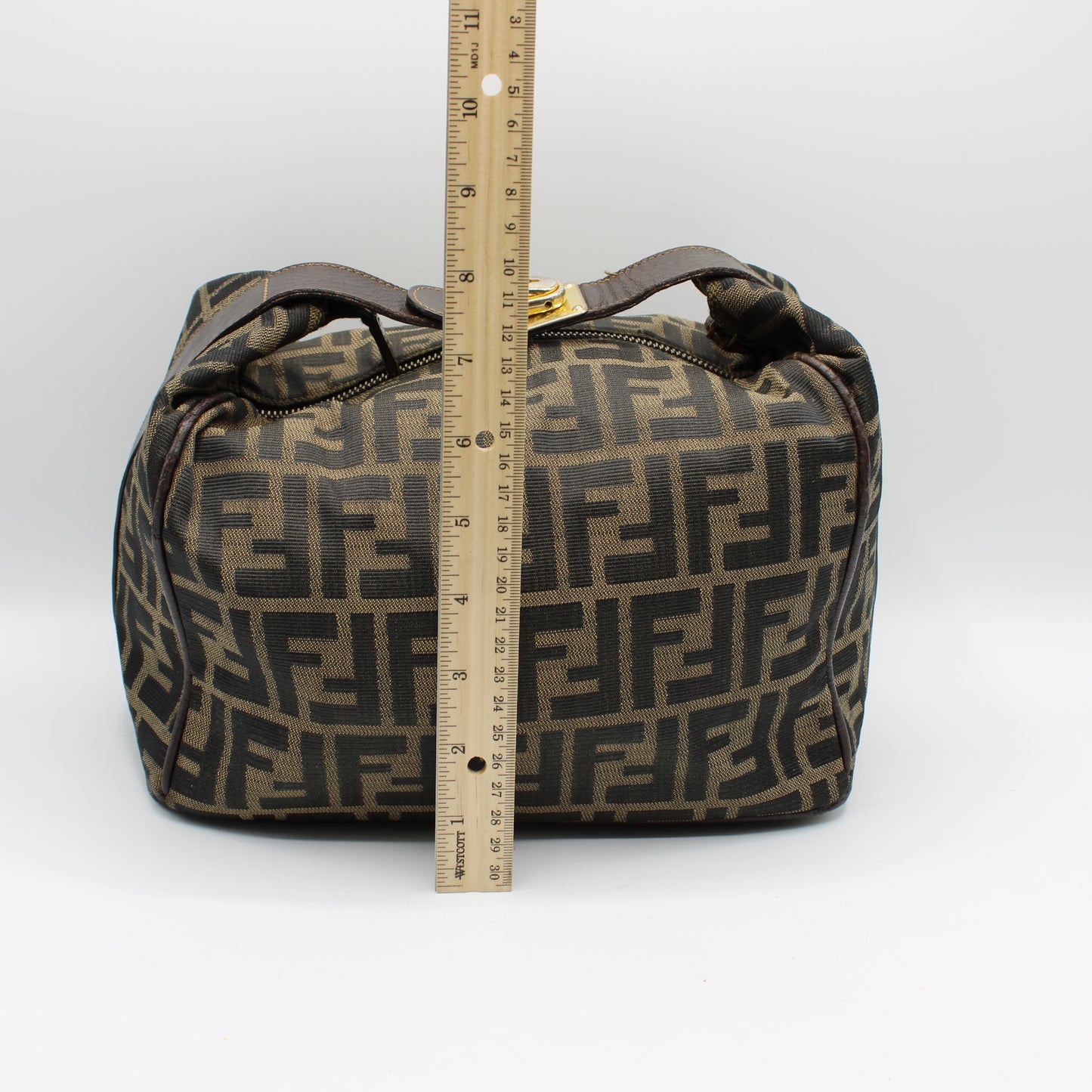 Fendi Brown Canvas Zucca Print Leather Trim Handbag Pouch
