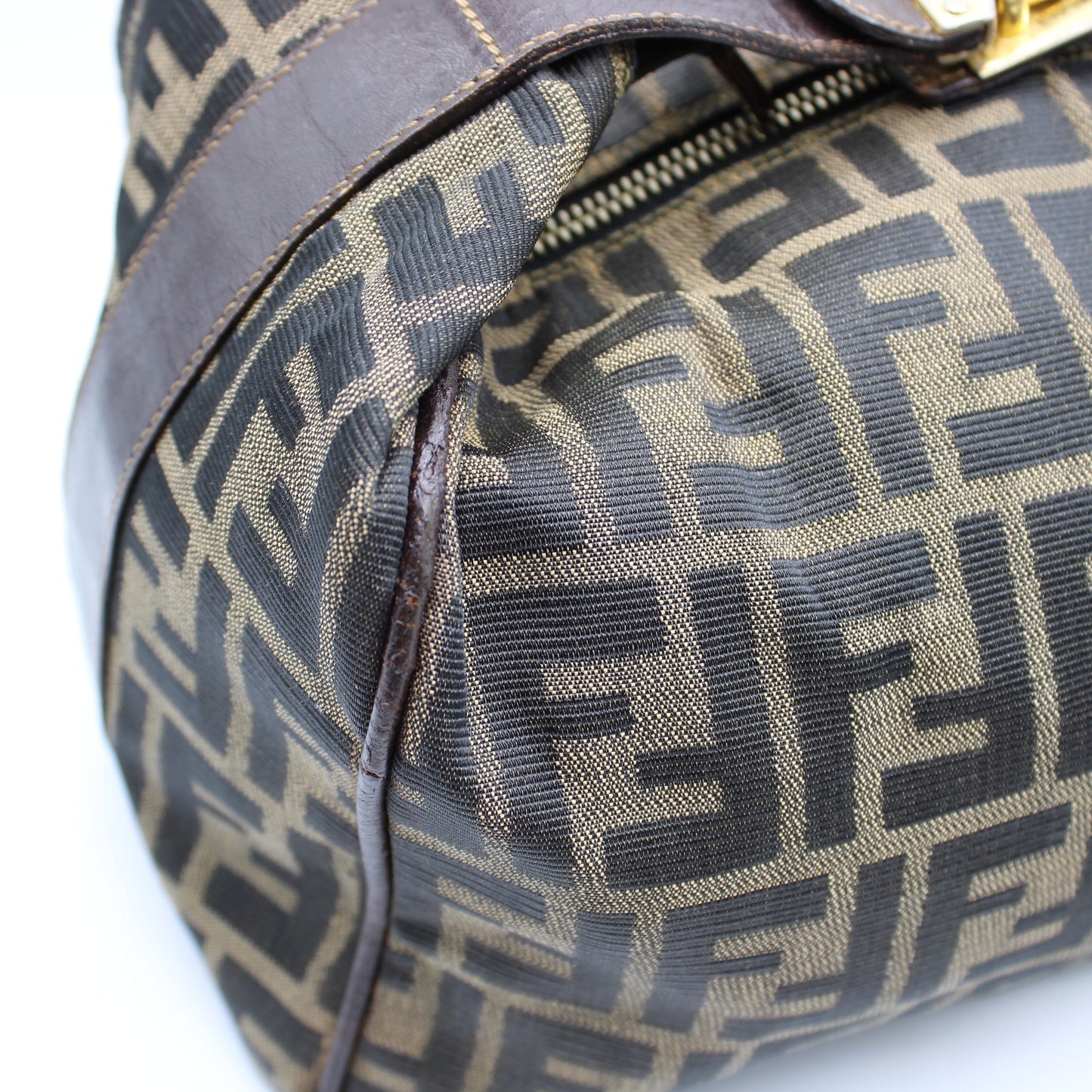 Fendi Brown Canvas Zucca Print Leather Trim Handbag Pouch