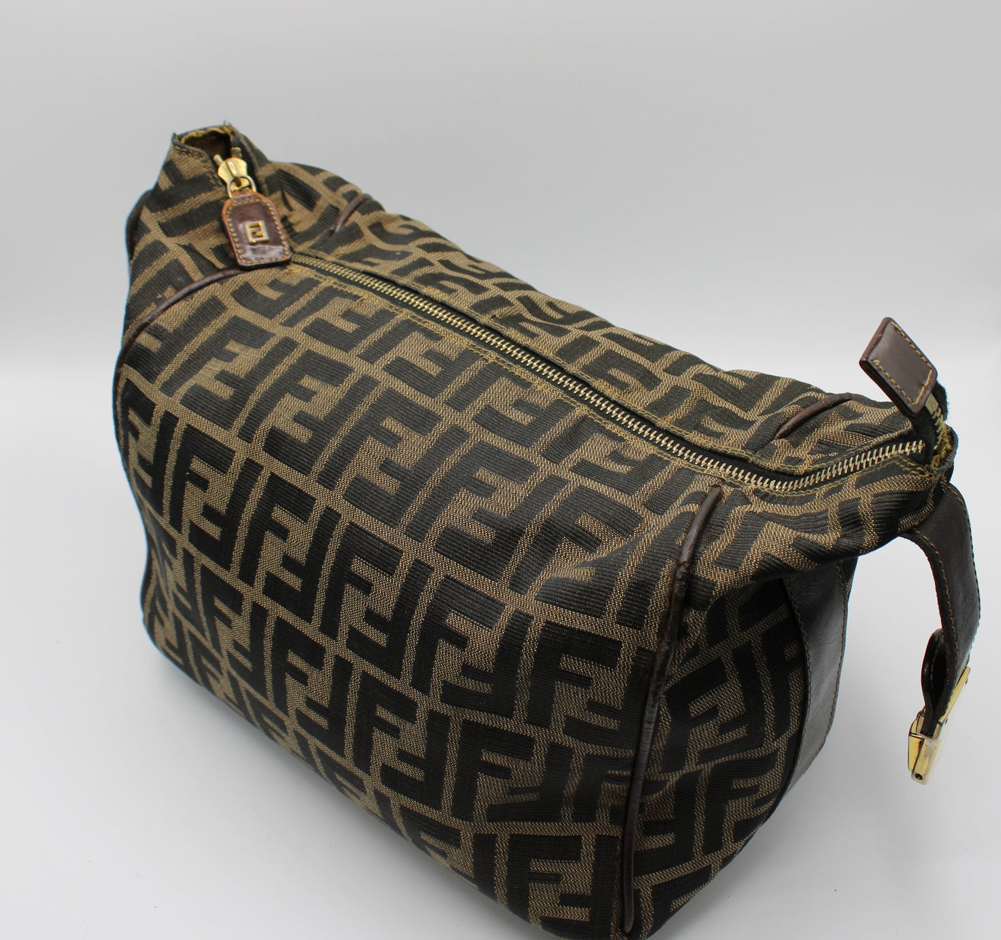 Fendi Brown Canvas Zucca Print Leather Trim Handbag Pouch