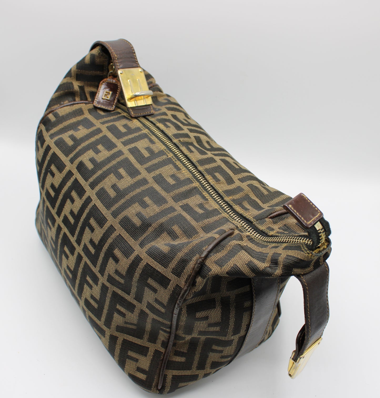 Fendi Brown Canvas Zucca Print Leather Trim Handbag Pouch