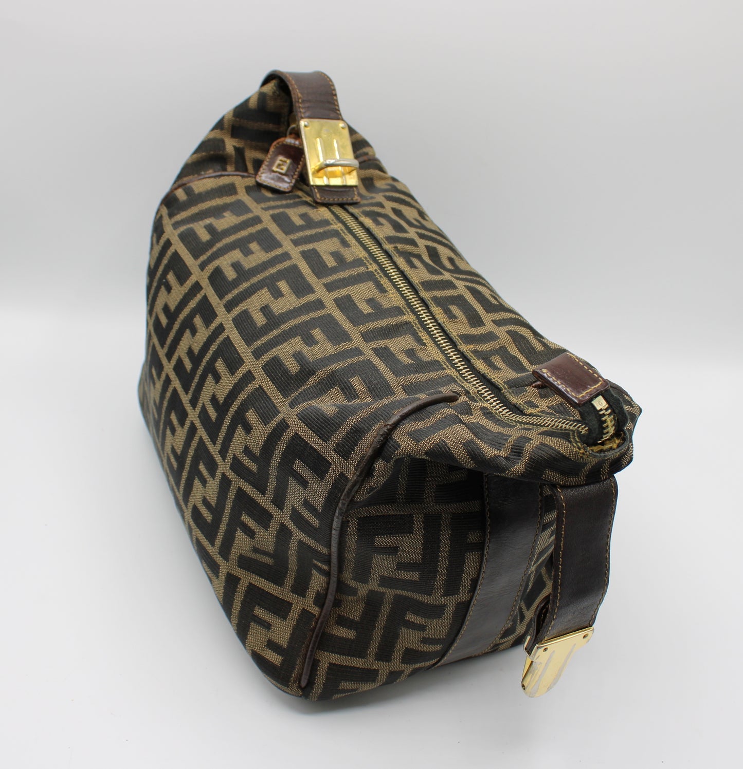 Fendi Brown Canvas Zucca Print Leather Trim Handbag Pouch