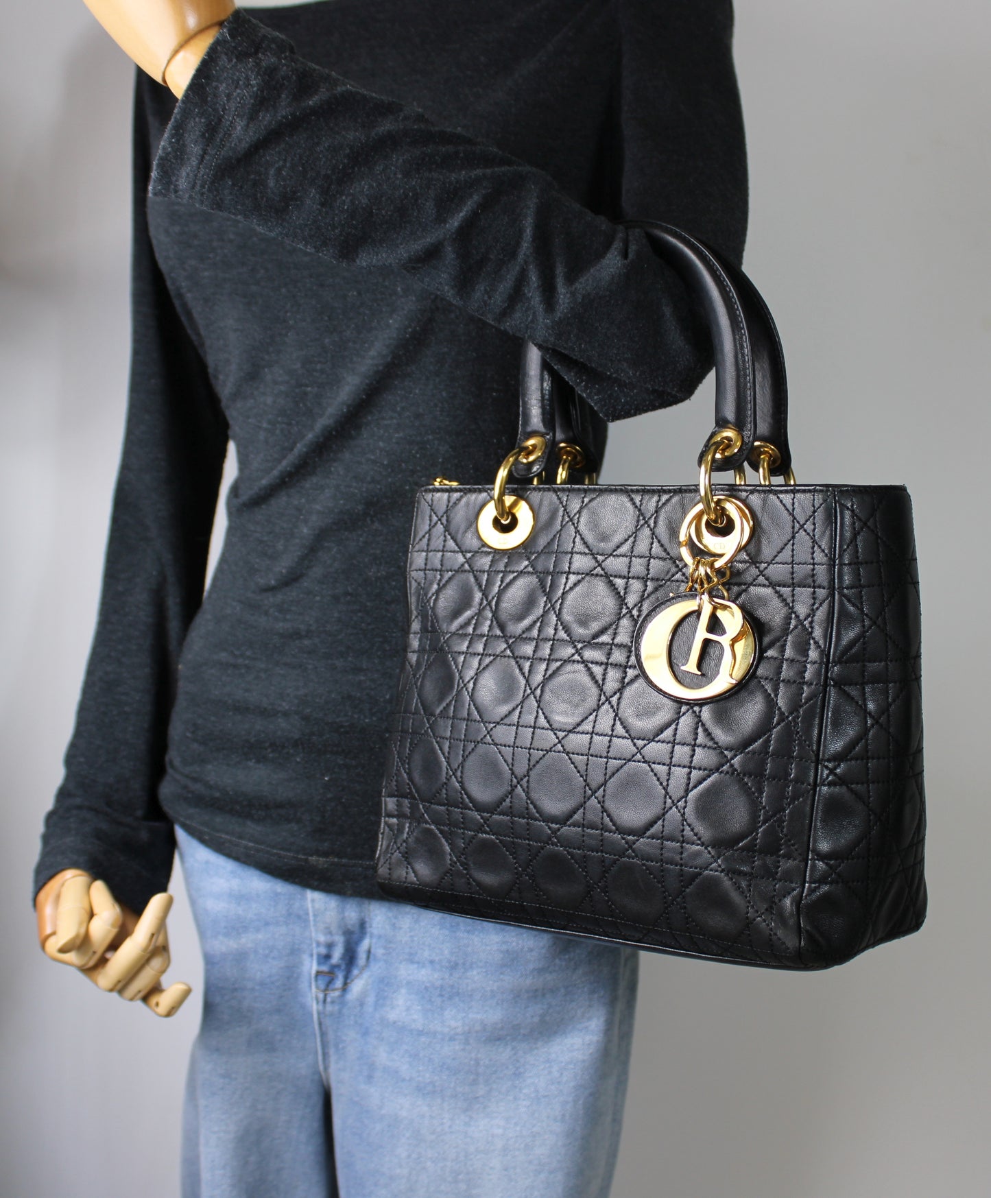 Christian Dior Black Cannage Quilted Lambskin Medium Lady Dior Bag