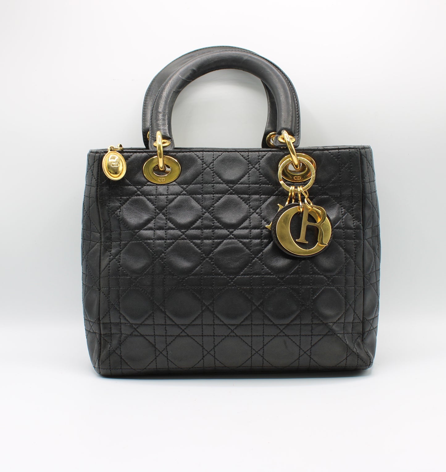 Christian Dior Black Cannage Quilted Lambskin Medium Lady Dior Bag
