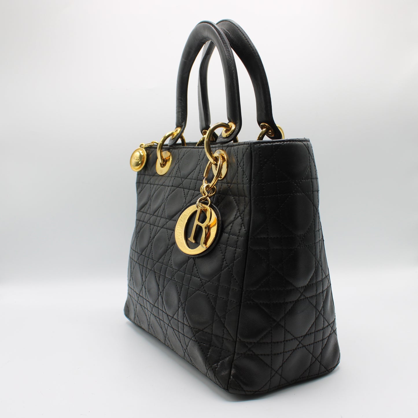 Christian Dior Black Cannage Quilted Lambskin Medium Lady Dior Bag