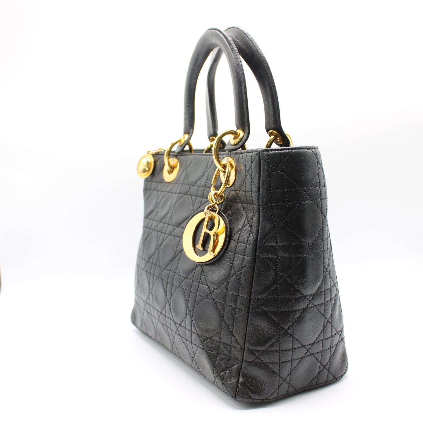 Christian Dior Black Cannage Quilted Lambskin Medium Lady Dior Bag