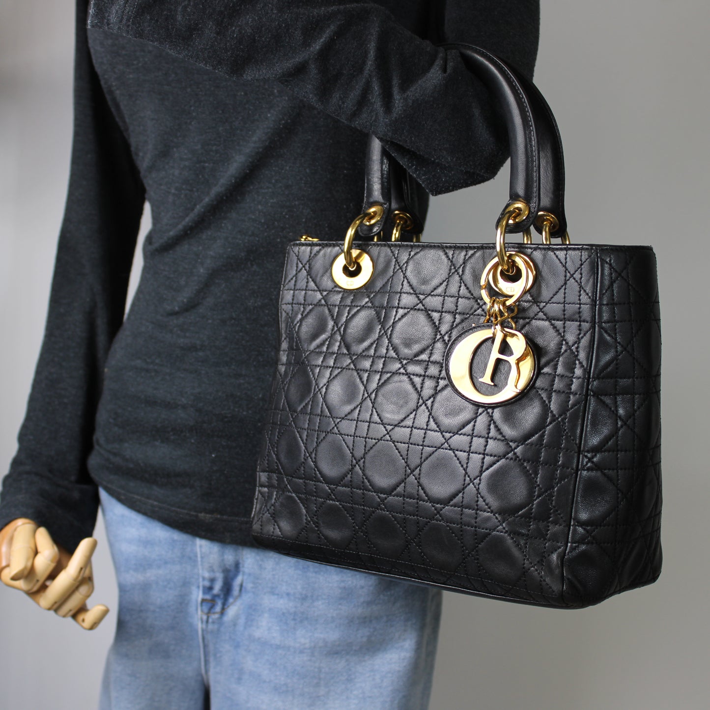 Christian Dior Black Cannage Quilted Lambskin Medium Lady Dior Bag