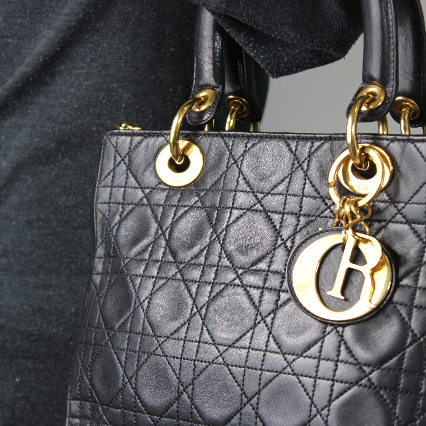 Christian Dior Black Cannage Quilted Lambskin Medium Lady Dior Bag