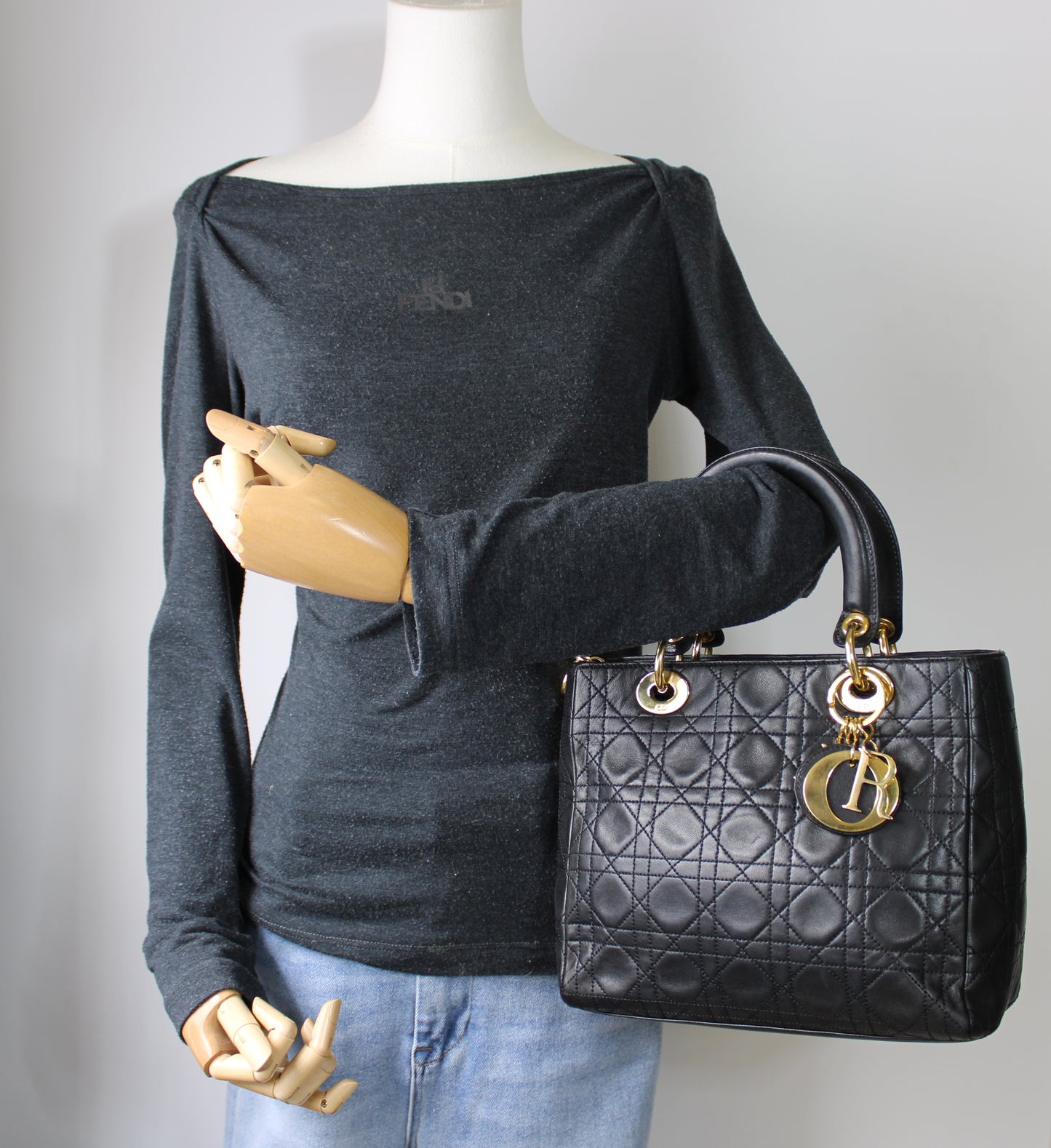 Christian Dior Black Cannage Quilted Lambskin Medium Lady Dior Bag