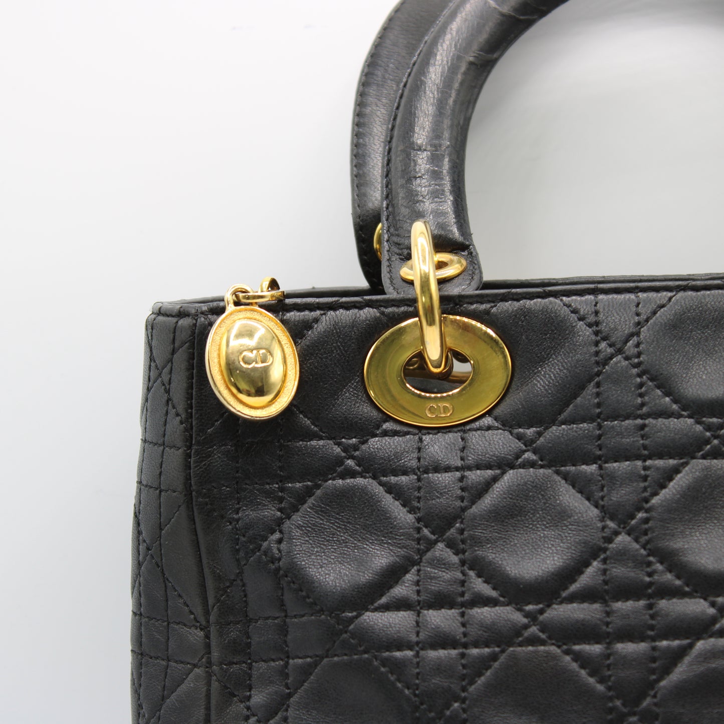 Christian Dior Black Cannage Quilted Lambskin Medium Lady Dior Bag