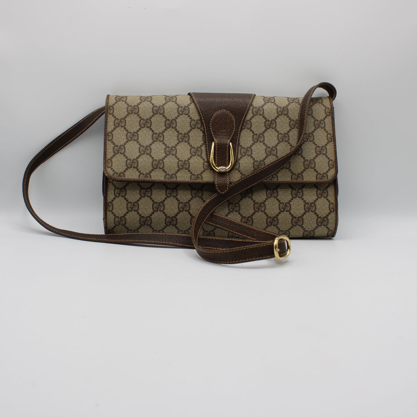Gucci Beige GG Coated Canvas Brown Leather Flap Crossbody Bag