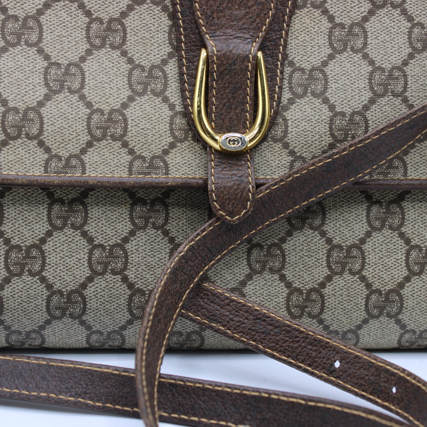 Gucci Beige GG Coated Canvas Brown Leather Flap Crossbody Bag
