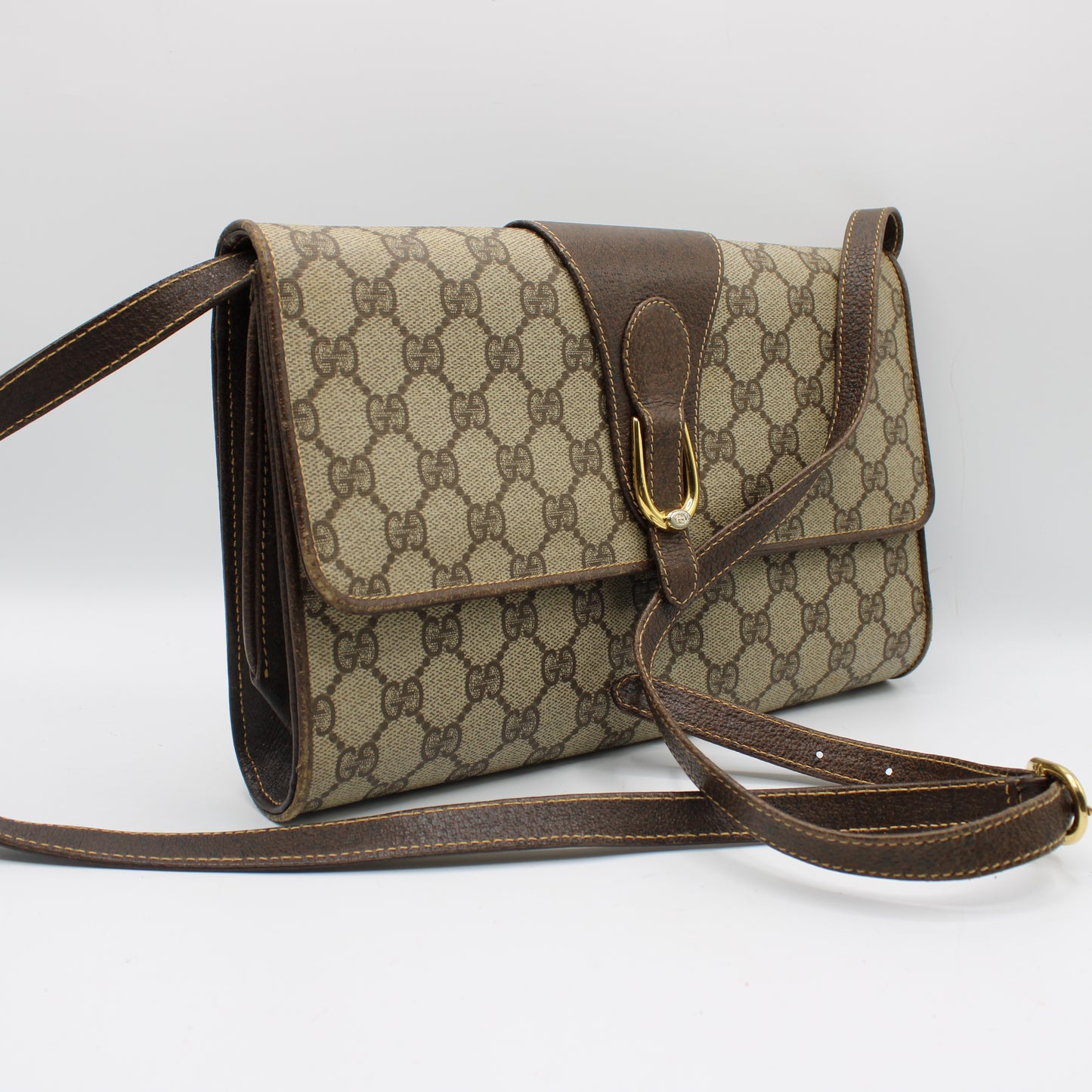 Gucci Beige GG Coated Canvas Brown Leather Flap Crossbody Bag