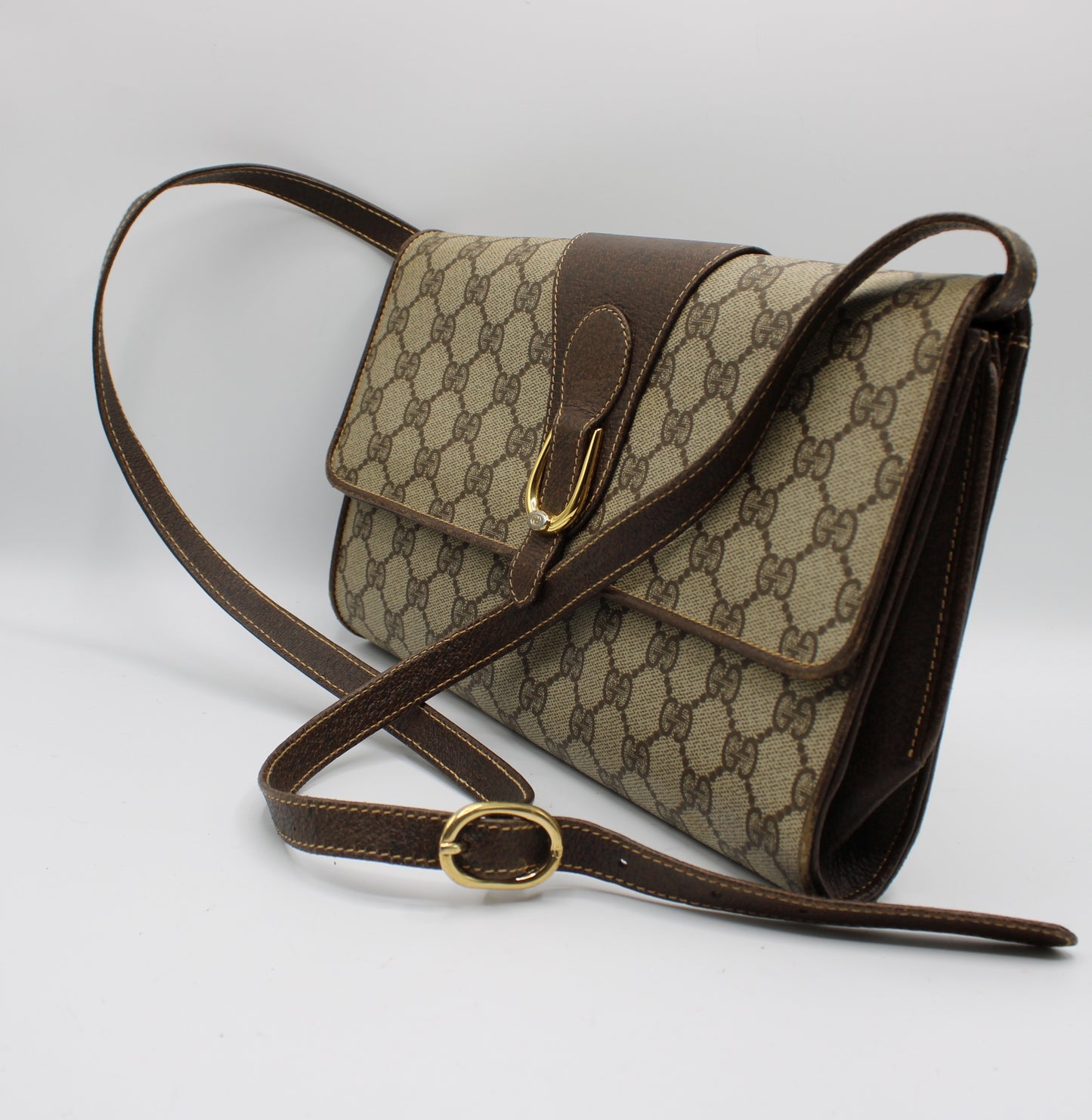 Gucci Beige GG Coated Canvas Brown Leather Flap Crossbody Bag