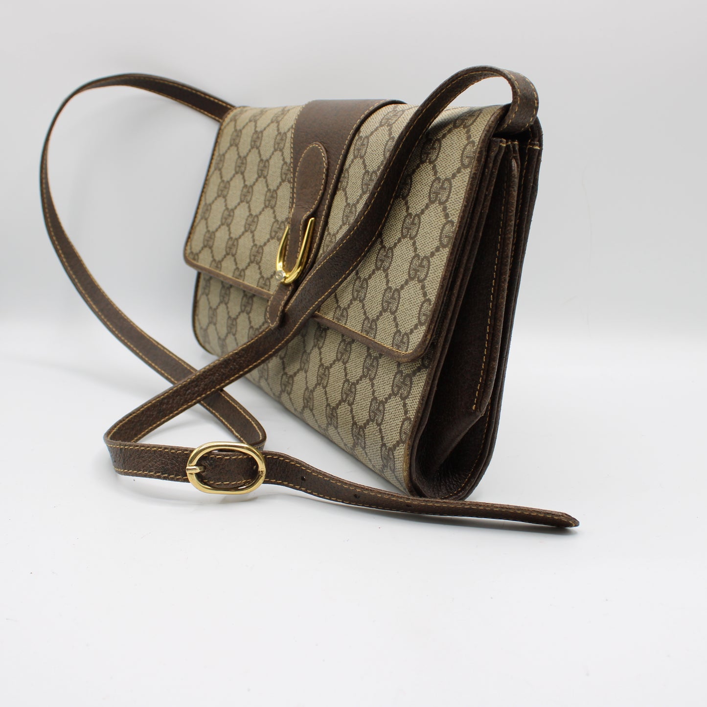Gucci Beige GG Coated Canvas Brown Leather Flap Crossbody Bag