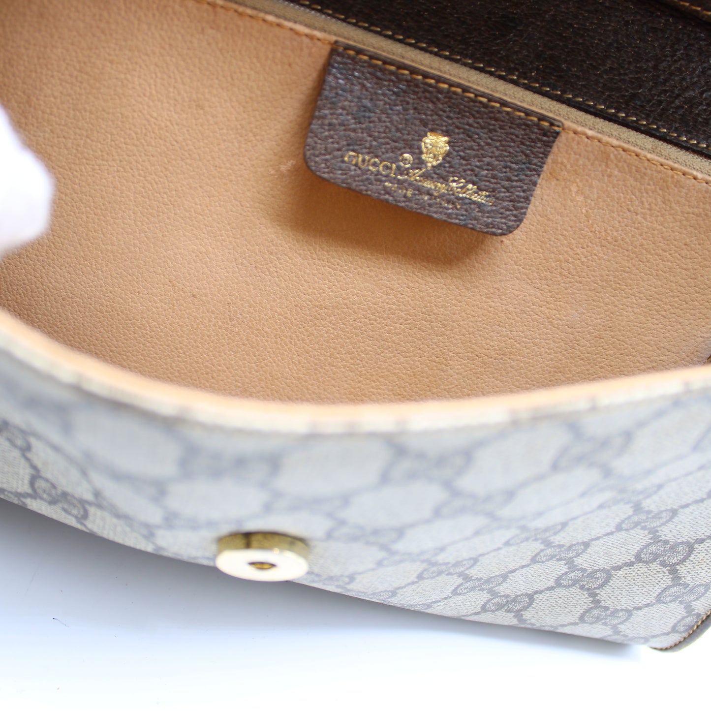 Gucci Beige GG Coated Canvas Brown Leather Flap Crossbody Bag