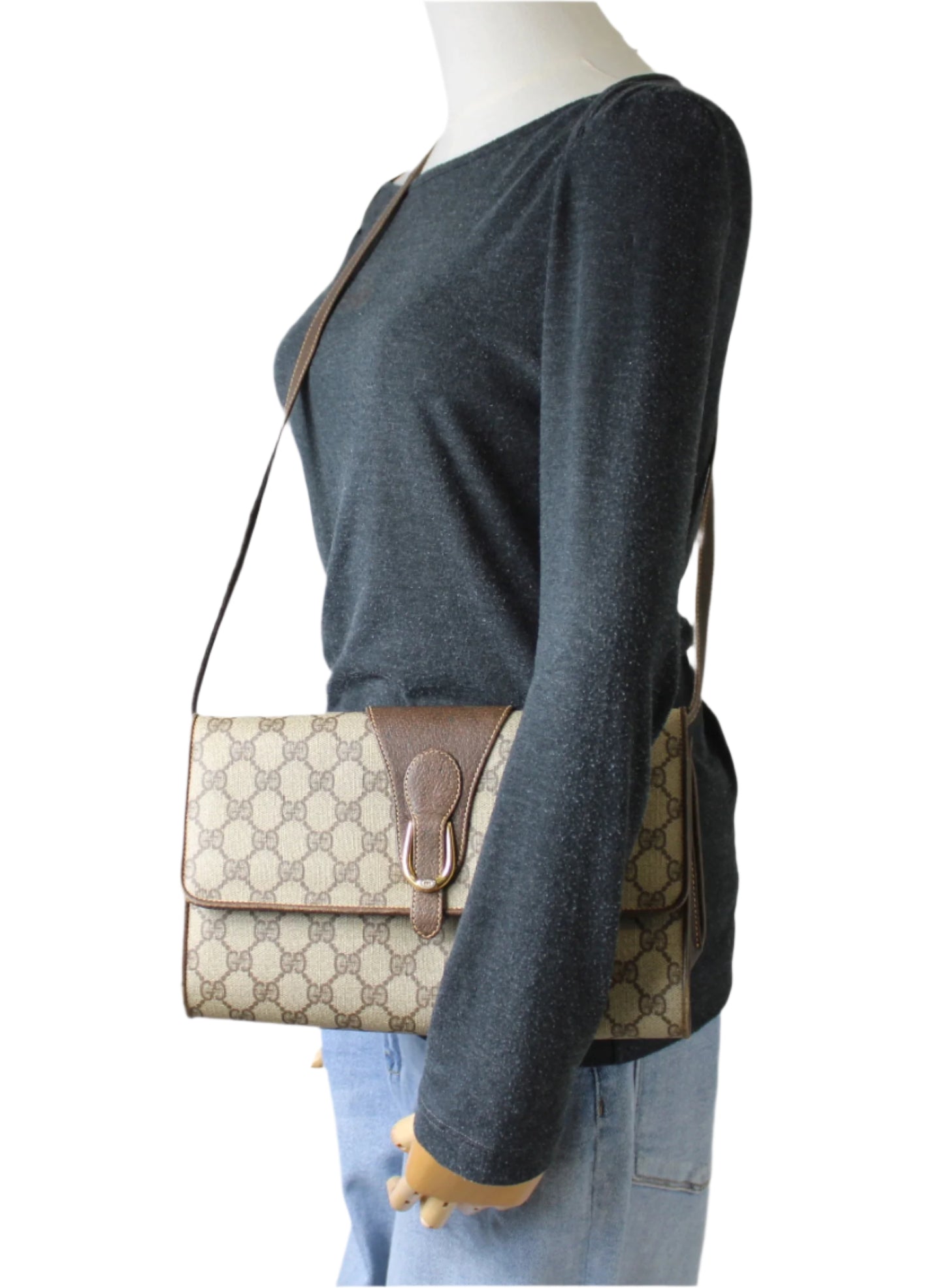 Gucci Beige GG Coated Canvas Brown Leather Flap Crossbody Bag