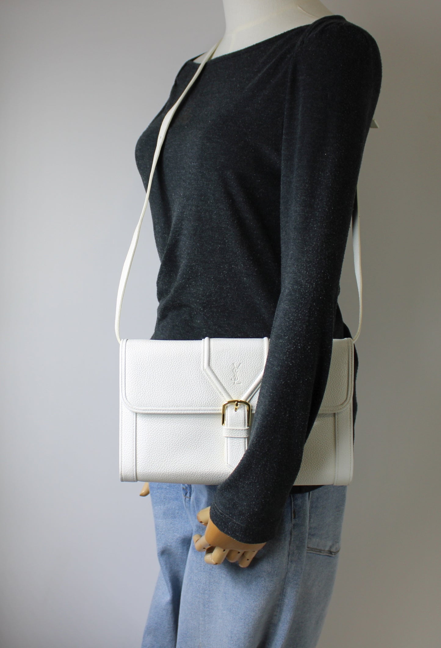 Yves Saint Laurent White Leather Gold Buckle Crossbody Clutch Bag