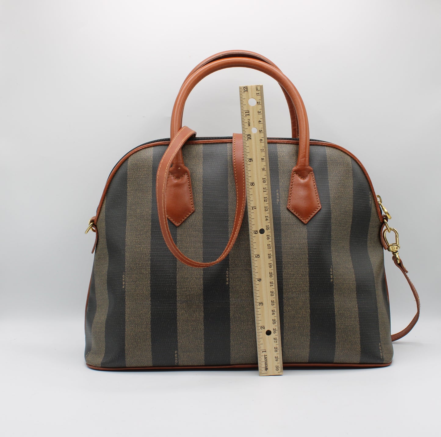 Fendi Pequin Striped Brown Canvas Leather Dome Handbag Crossbody Bag