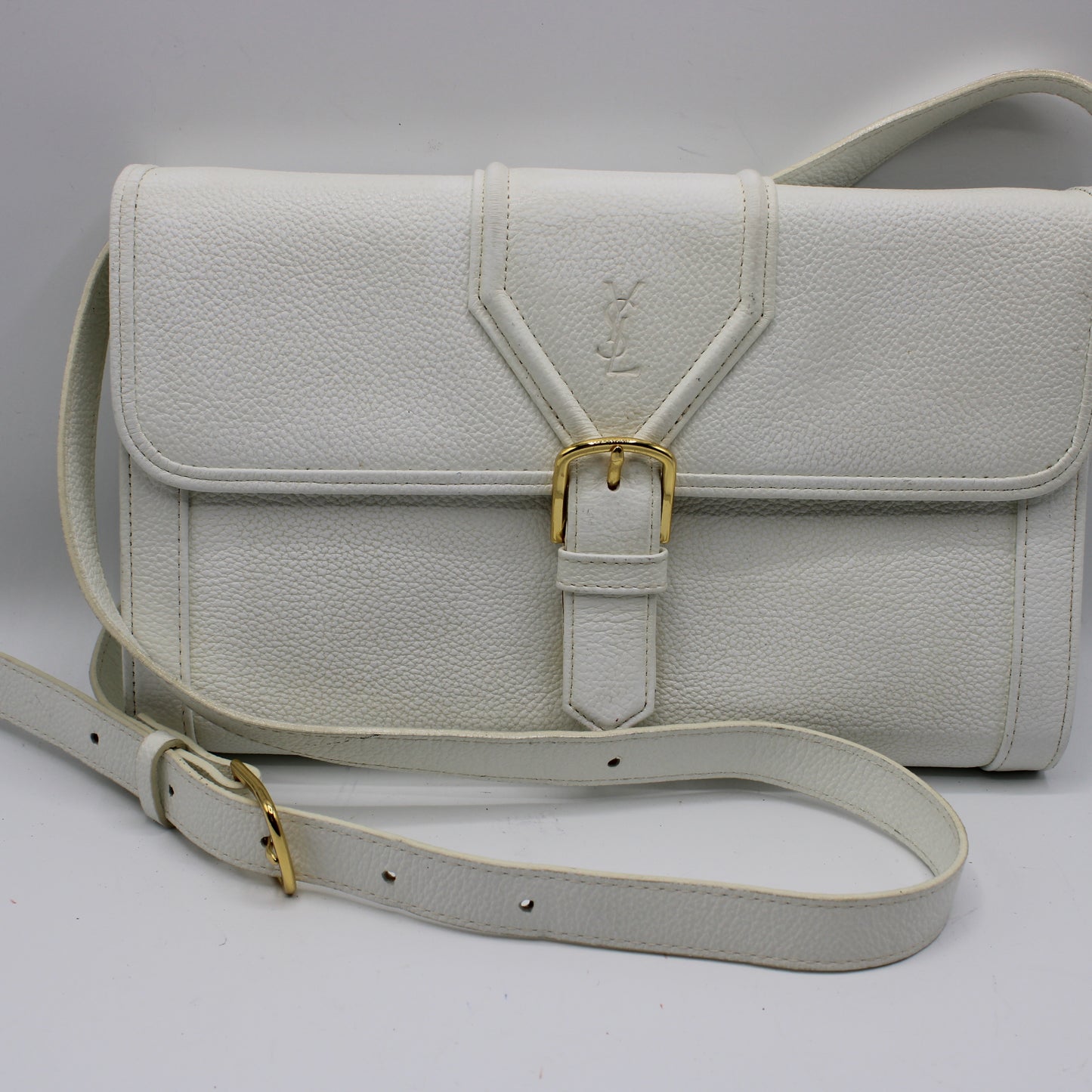 Yves Saint Laurent White Leather Gold Buckle Crossbody Clutch Bag