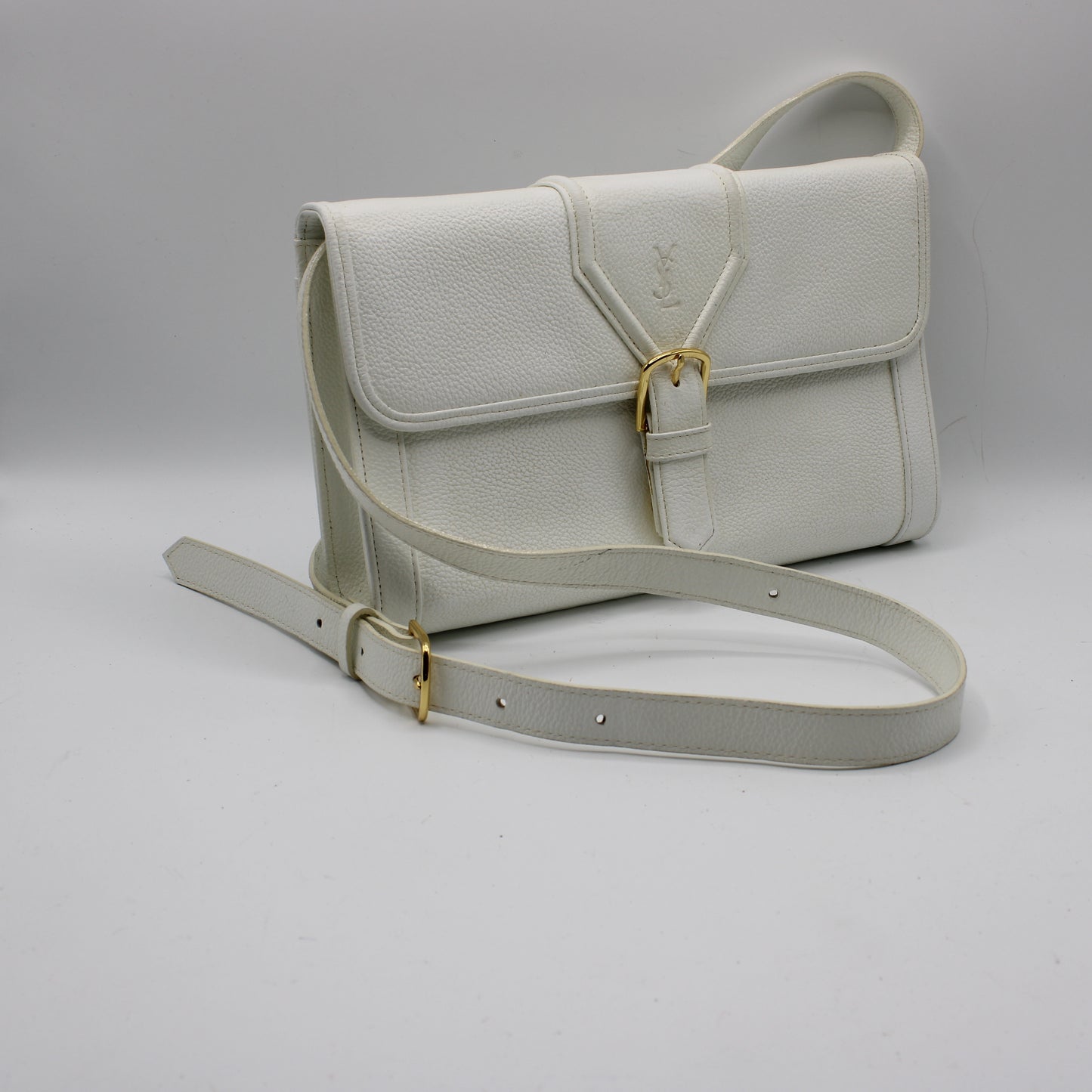 Yves Saint Laurent White Leather Gold Buckle Crossbody Clutch Bag