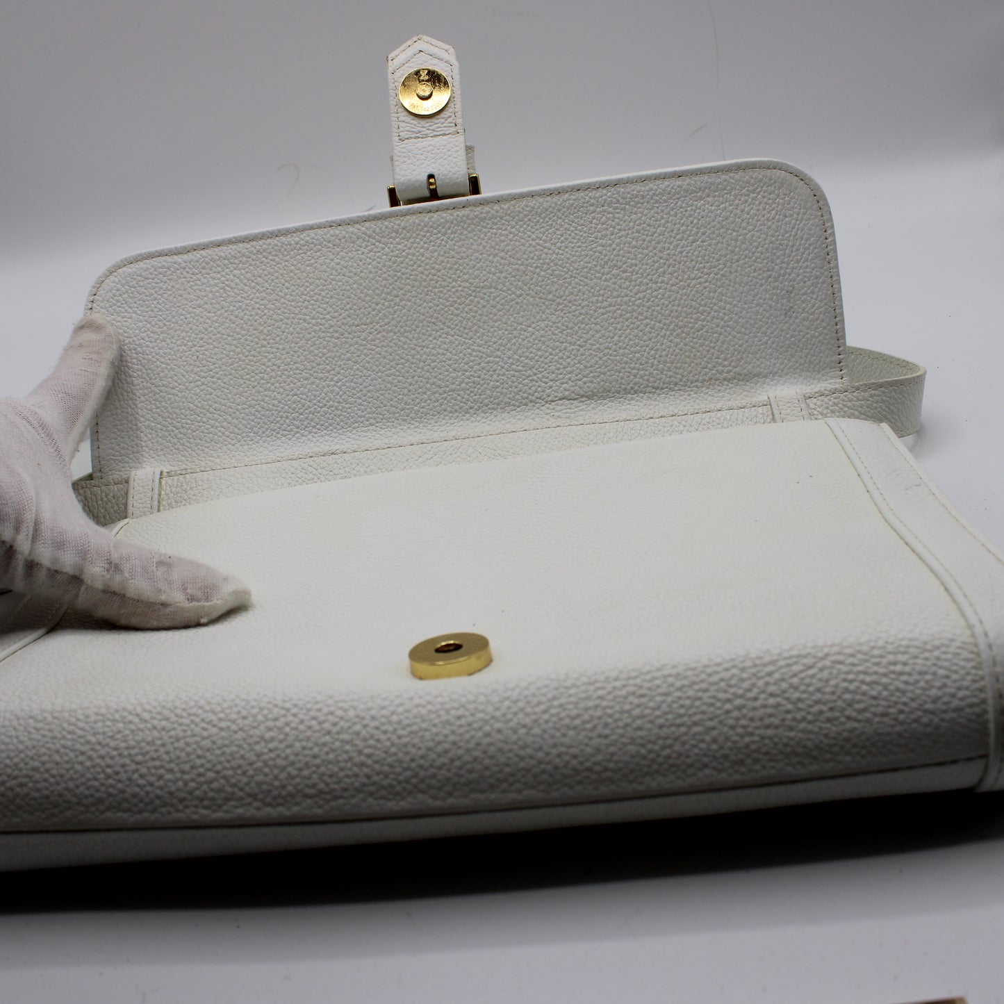 Yves Saint Laurent White Leather Gold Buckle Crossbody Clutch Bag