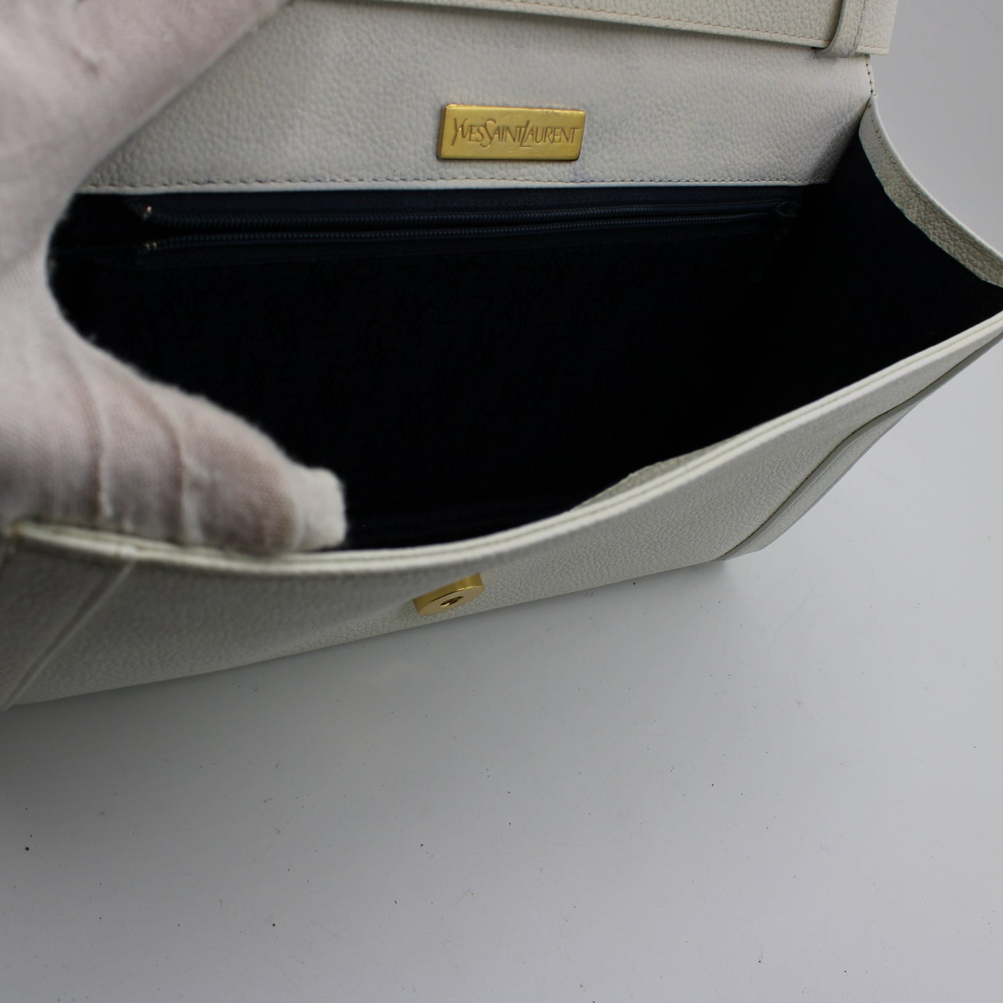 Yves Saint Laurent White Leather Gold Buckle Crossbody Clutch Bag