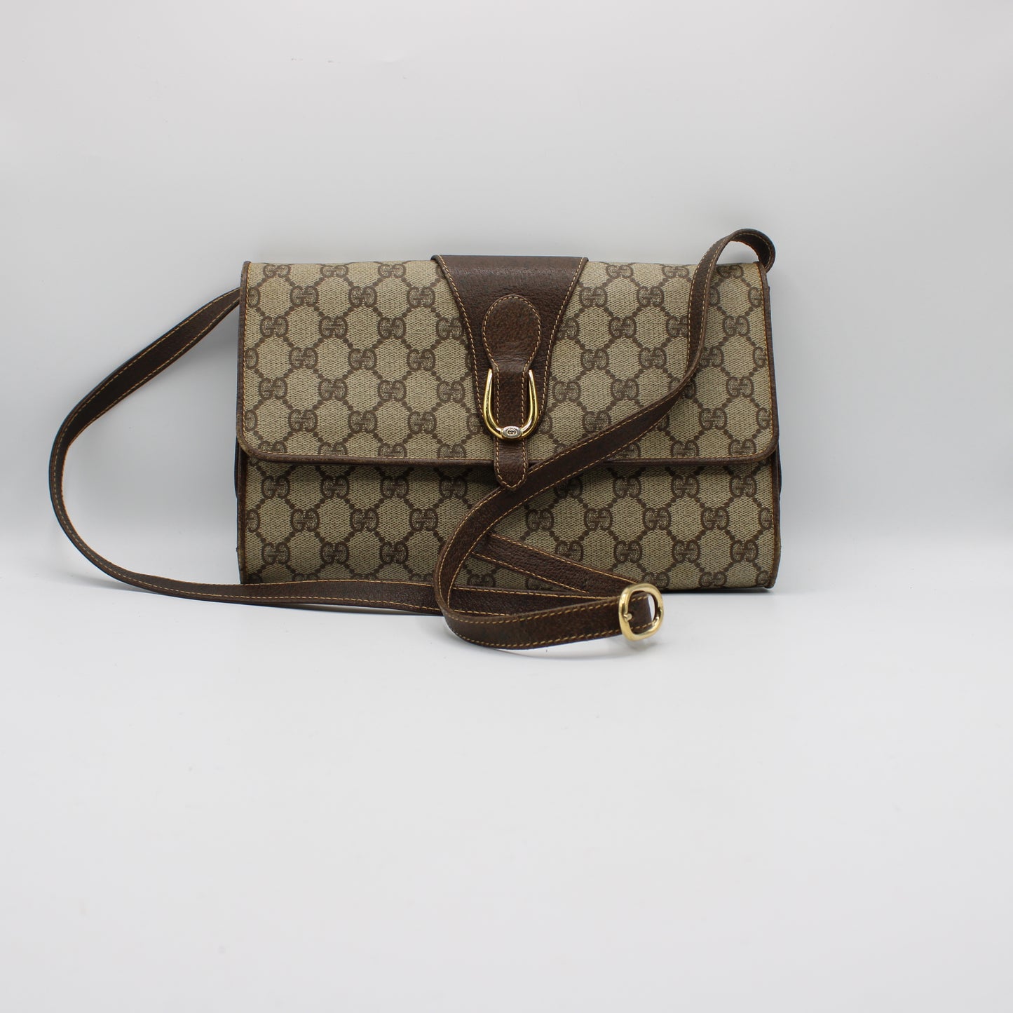 Gucci Beige GG Coated Canvas Brown Leather Flap Crossbody Bag