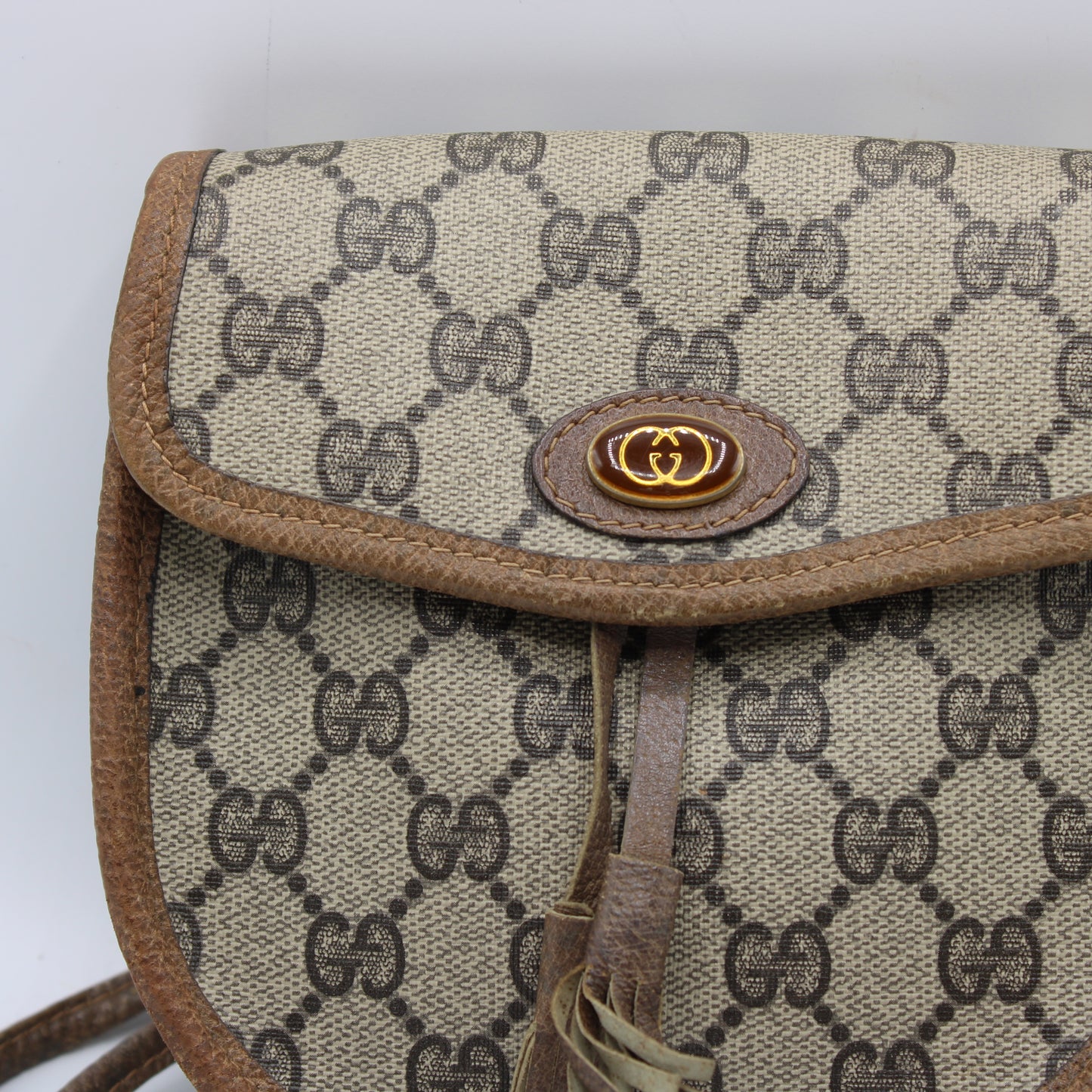 Gucci Beige GG Canvas Leather Trim Oval Crossbody Bag